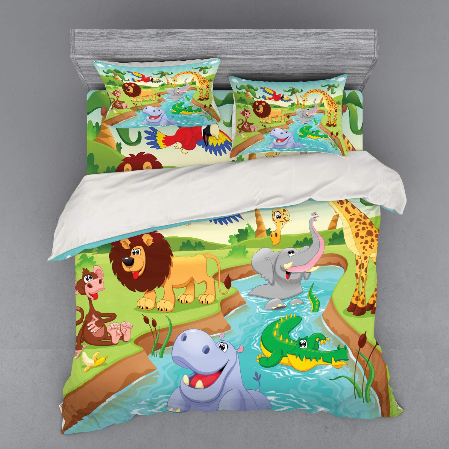 Ambesonne Cartoon Bedding Set - King Size 3-Piece Duvet Cover with Sham & Fitted Sheet, Vibrant Savannah Animals Swimming in Lake Design Featuring Lions & Giraffes, Fun & Colorful Jungle Theme - Perfect for Kids' Rooms, Guest Bedrooms & Wildlife-Themed Decor