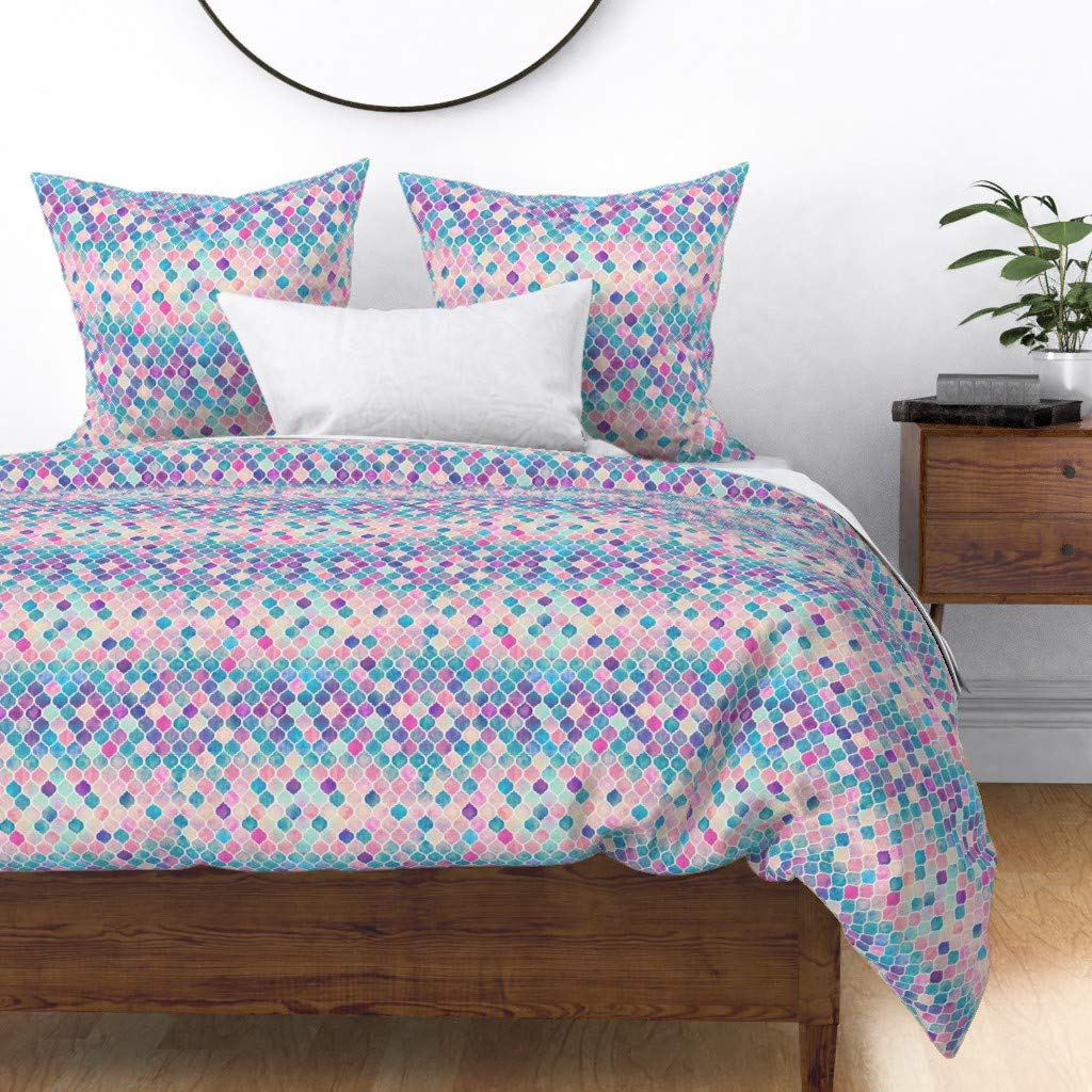 Rainbow Pastel Watercolor Moroccan Duvet Cover - King/California King Size Cotton Sateen Bedding | Pink & Purple Mermaid Tile Print | Custom Home Decor for Master Bedroom, Guest Room & Nursery