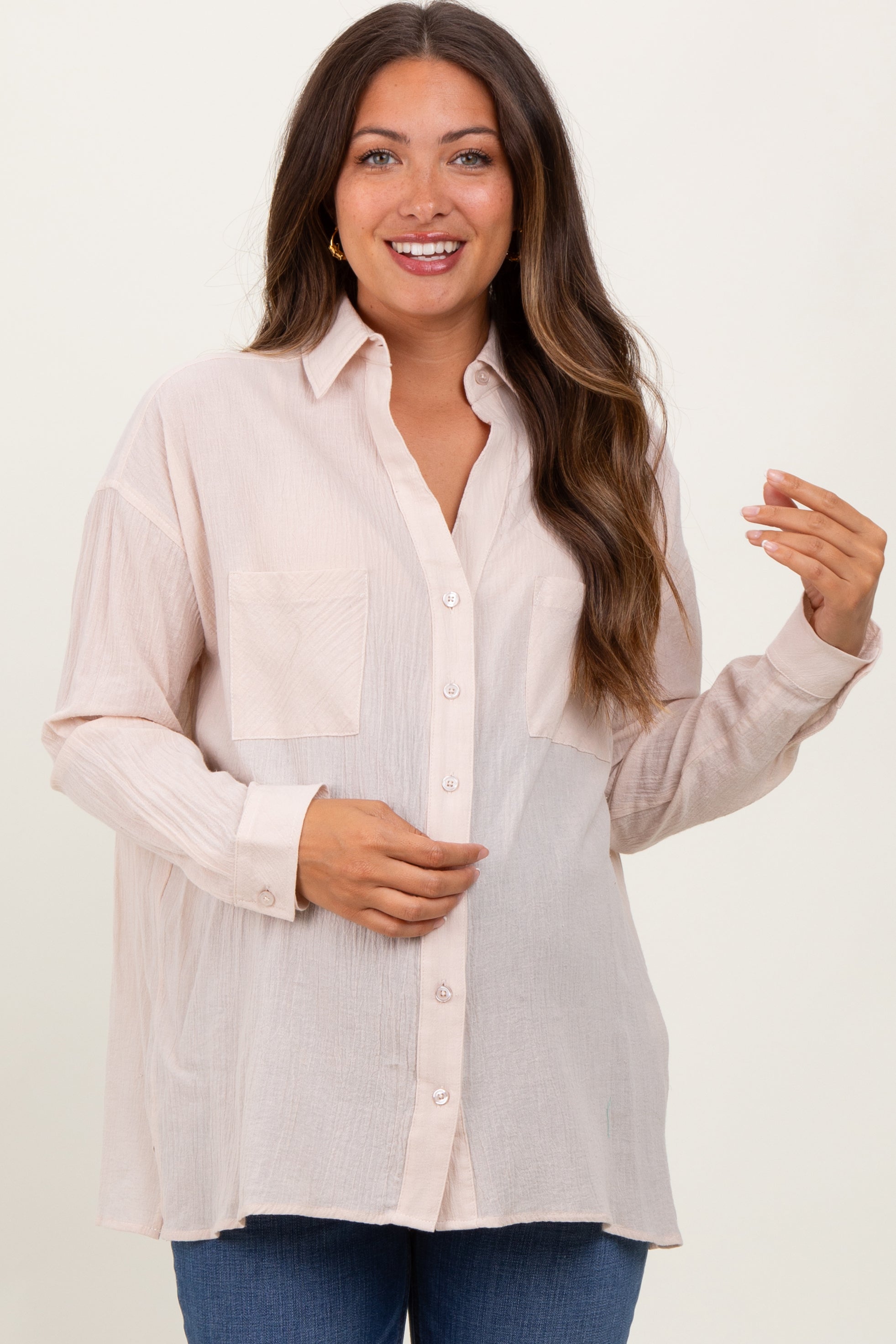 Beige Cotton Gauze Oversized Maternity Button Down Shirt for Women - Comfortable Nursing & Pregnancy Top for Casual Wear & Breastfeeding