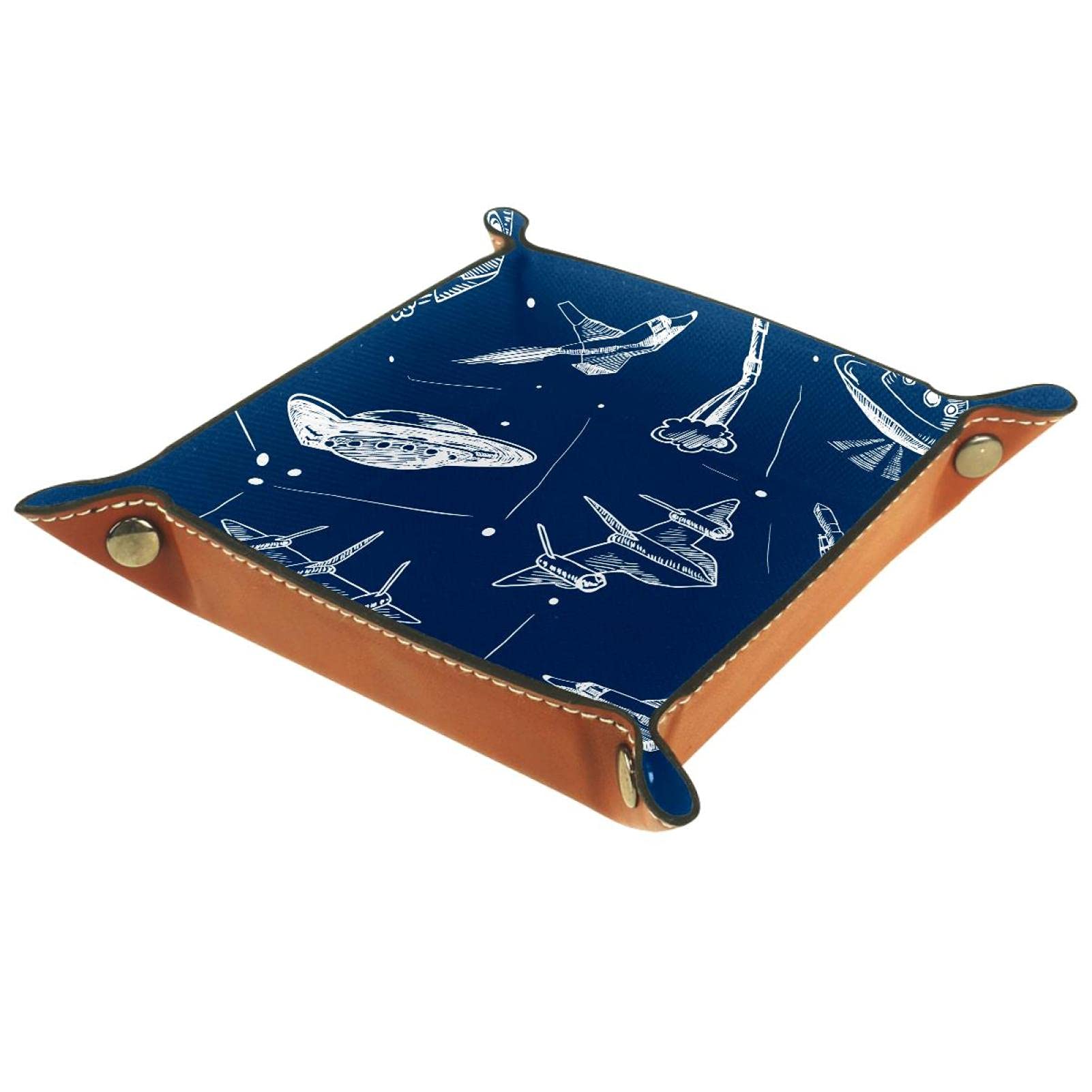 Premium Leather Valet Tray Organizer - Spacecraft Rocket Design with Navy Blue Background | Desk Storage Tray for Keys, Phone, Wallet, Coins & Watches | Perfect for Office, Home & Travel Organization