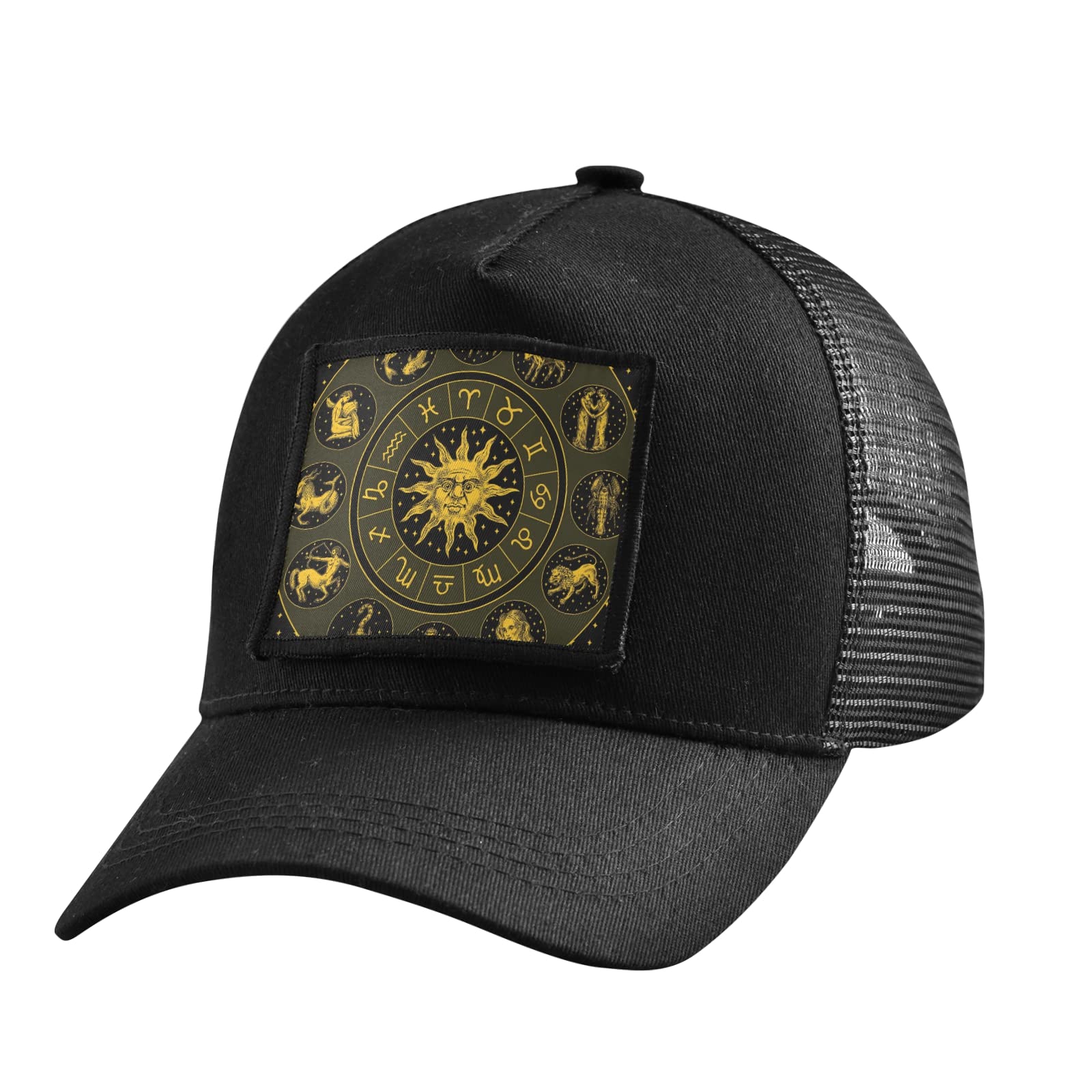 Zodiac Wheel Trucker Hat - Black Baseball Cap for Men & Women - Adjustable Snapback with Strap - Funny & Stylish Hat for Outdoor Activities, Sports & Casual Wear