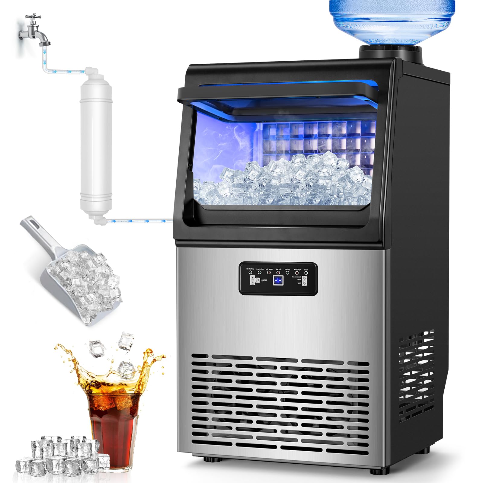 Commercial Ice Maker Machine 100LBS/24H with 20LBS Storage Bin - Self-Cleaning Undercounter/Freestanding Ice Maker for Home Bars, Restaurants & Outdoor Use - Features Gallon & Faucet Water Inlet - Produces 36PCS 15