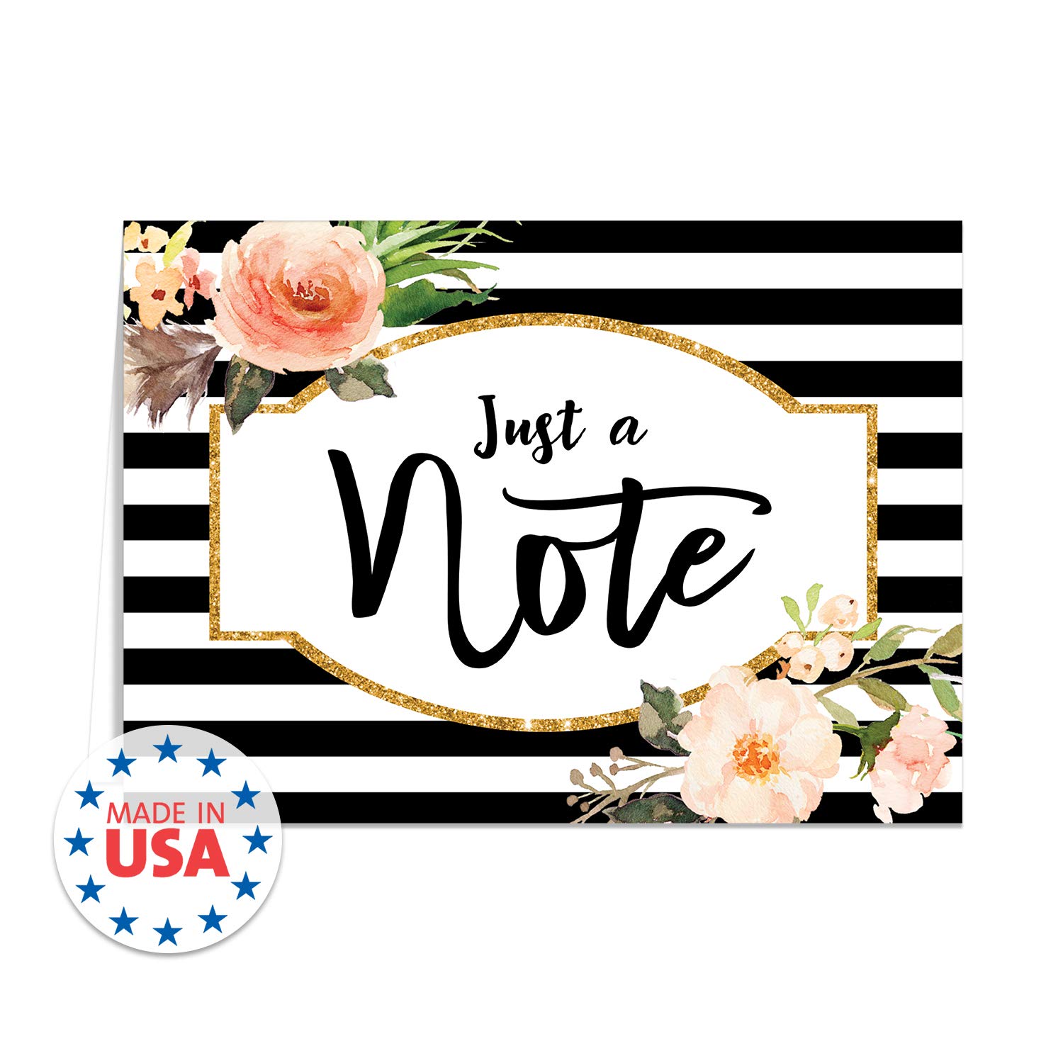 Elegant Black Stripe Floral & Faux Glitter Note Cards - 24 Pack All Occasion Greeting Cards (3.5