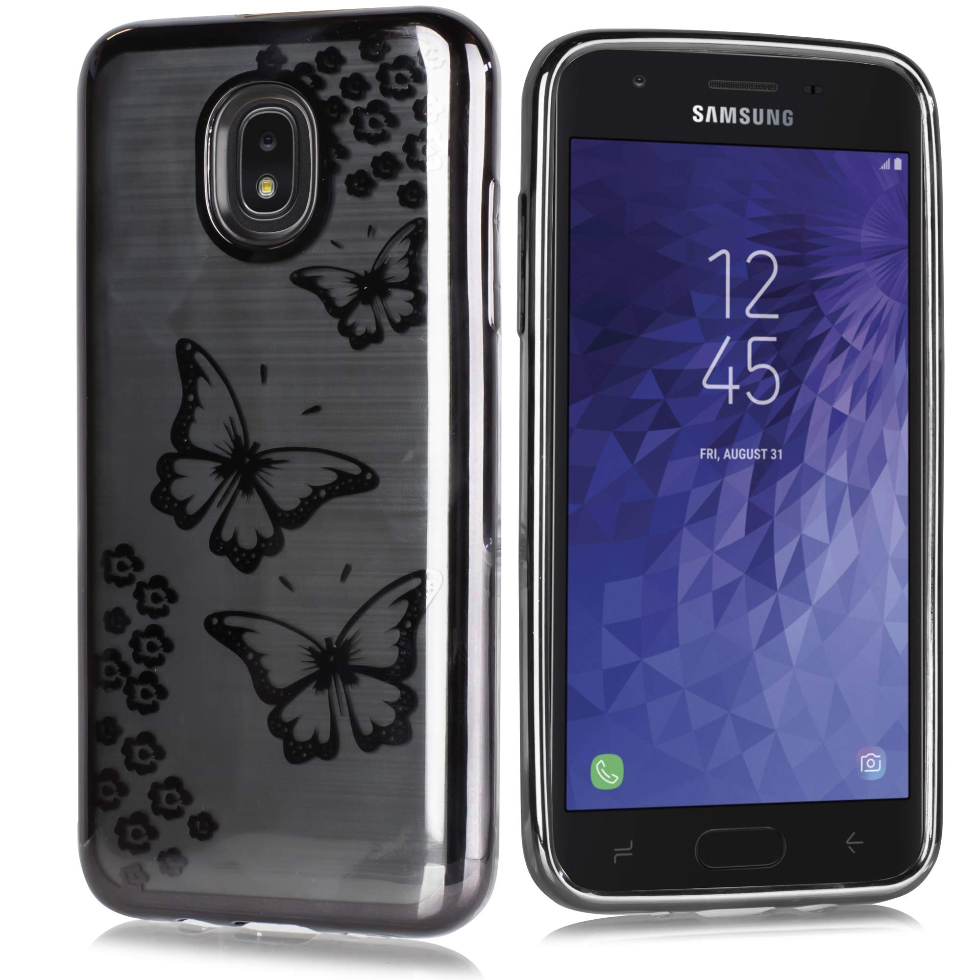 Samsung Galaxy J3 Star 2018 / Orbit / Achieve / J3V 3rd Gen Case - Slim Metal Protective Cover with Brushed Aluminum Steel Finish & Floral Design (Black Butterfly) - Perfect for Daily Use, Travel, and Gift Giving