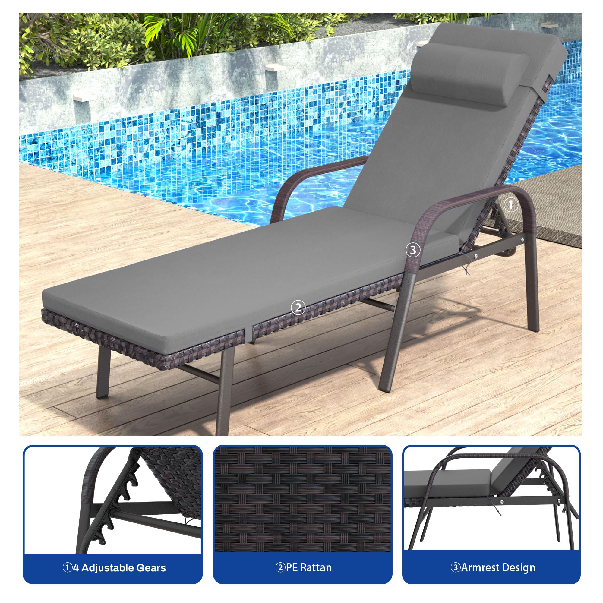 3-Piece Patio Chaise Lounge Set with Cushions - Adjustable Rattan Backrest & Folding Table - Outdoor Poolside Chairs for Porch, Backyard, Beach - Grey (Perfect for Relaxing by the Pool or Garden)