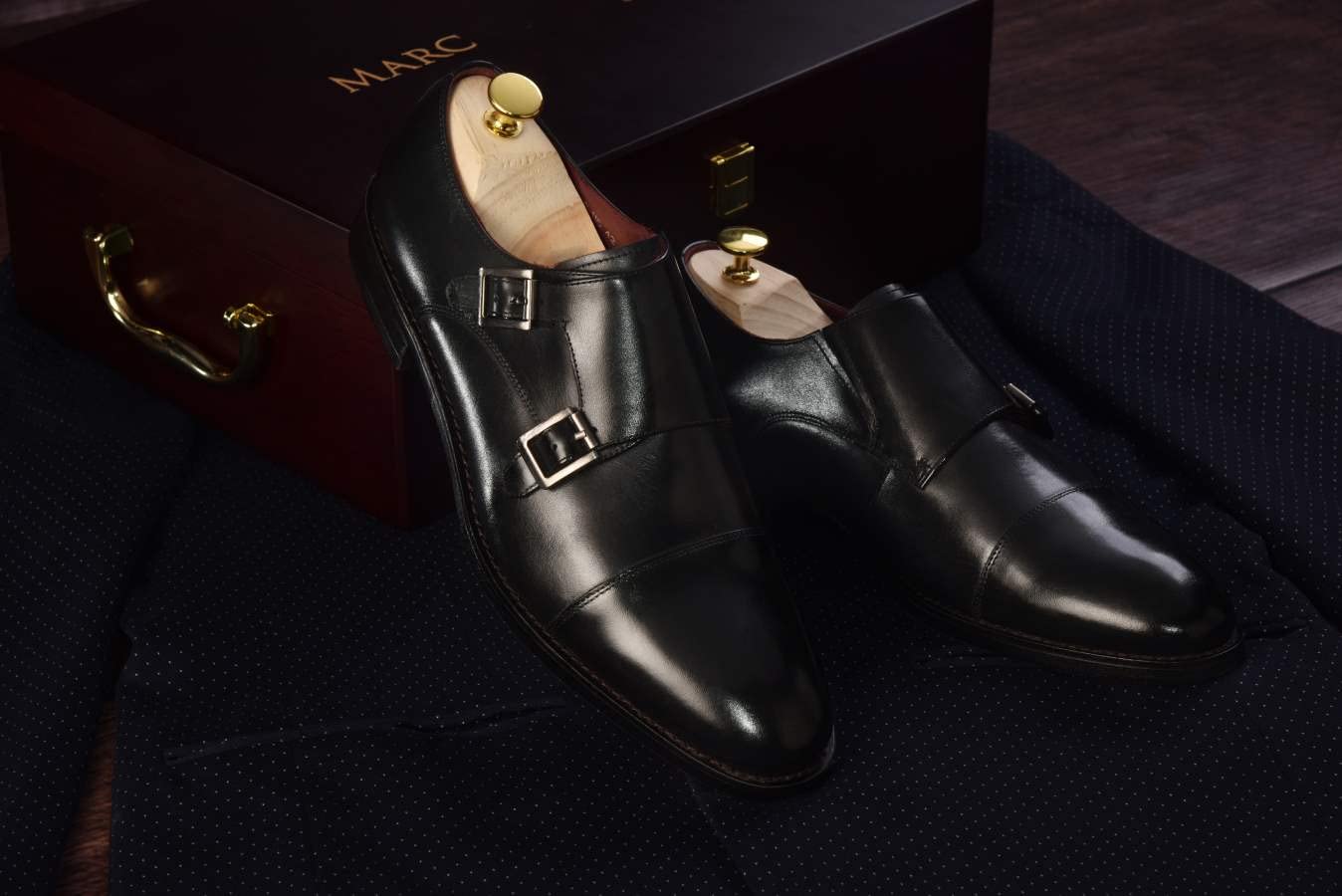 Marc Brunell Men's Genuine Leather Double Monk Strap Dress Shoes with Steel Buckle - Classic Formal Business Oxfords in Wooden Gift Box (Includes Extra Laces & Shoe Care Kit) - Perfect for Office, Weddings & Special Occasions