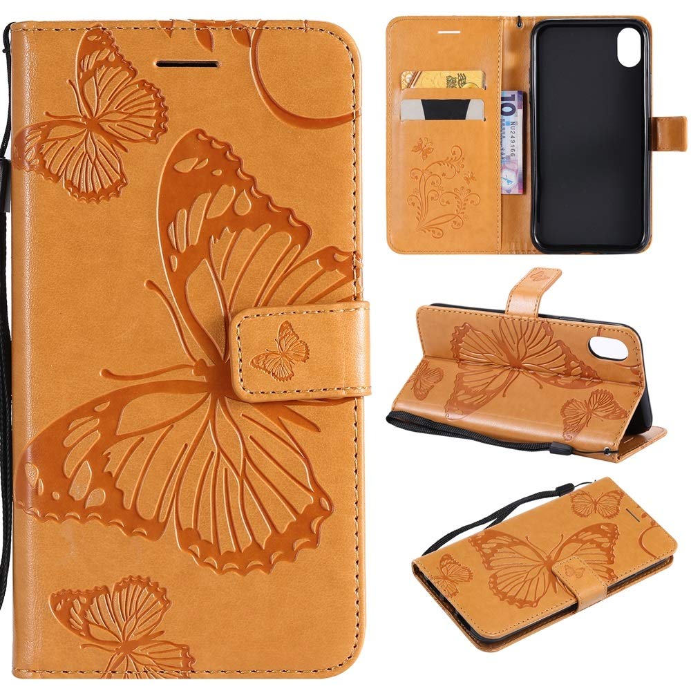 Butterfly Floral PU Leather Wallet Stand Phone Case with Wrist Strap for iPhone Xr (6.1 Inch) - Yellow | Slim Protective Cover with Card Slots | Perfect for Everyday Use, Travel & Hands-Free Viewing
