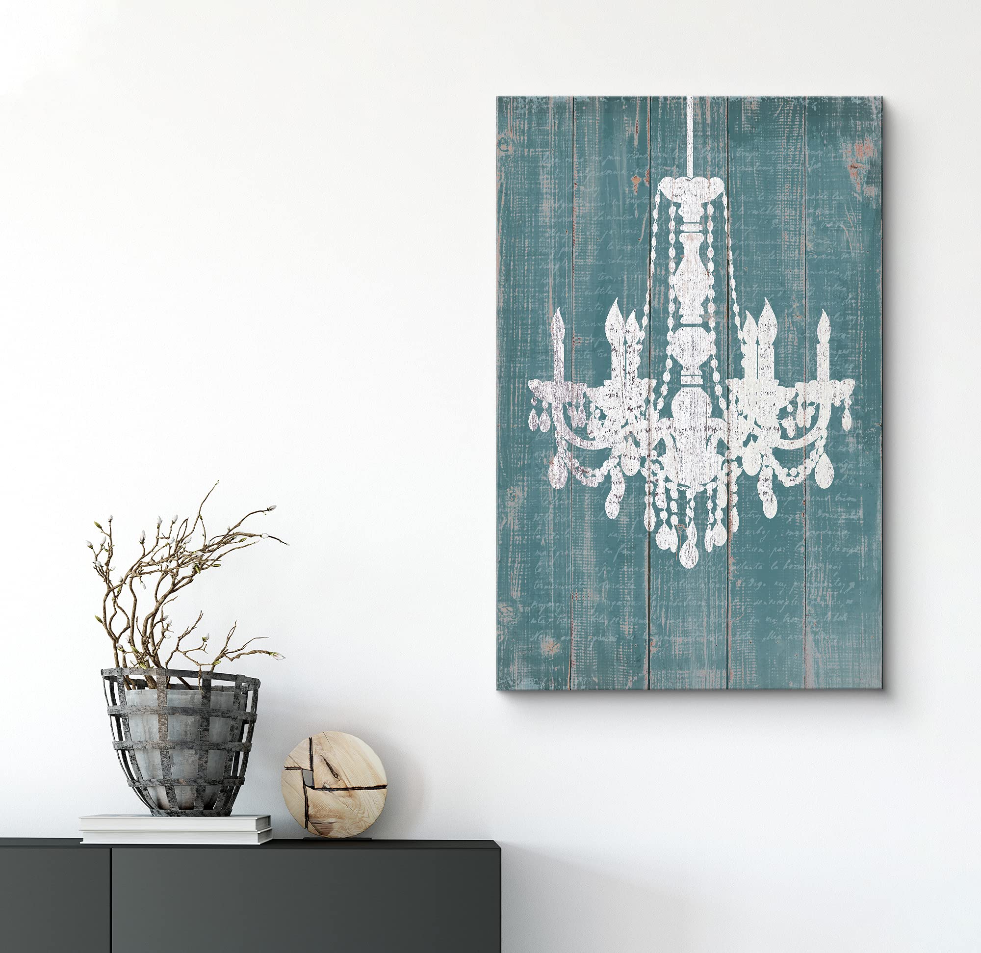 Wall26 Canvas Print - White Chandelier Silhouette on Blue Wood Panels Modern Art | Digital Wall Decor for Living Room, Bedroom, Office | 32x48 Inch Framed Ready-to-Hang Artwork | Creates Calming Atmosphere for Home & Workspace