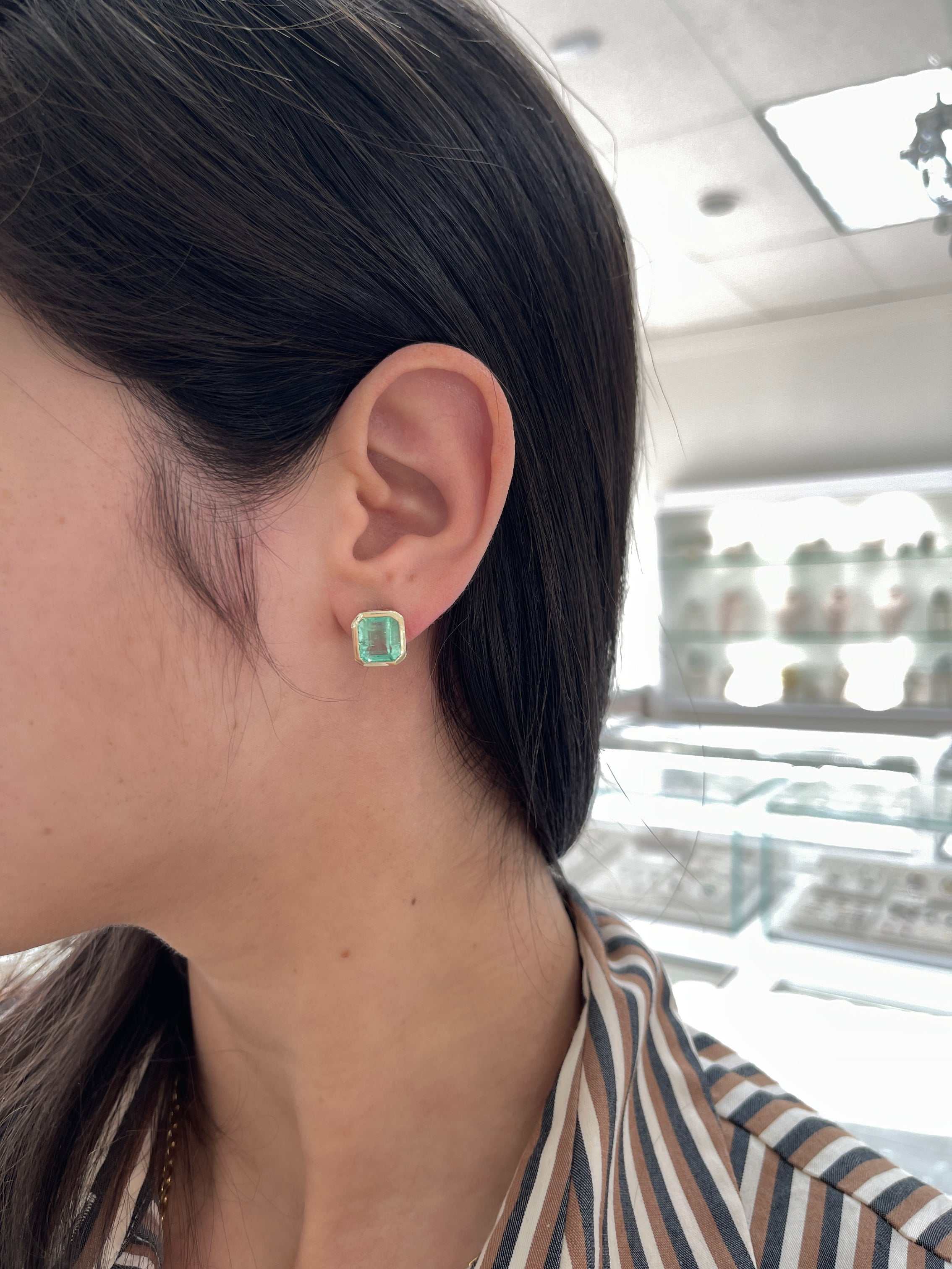 6.80tcw Bezel Set Natural Colombian Emerald Stud Earrings for Women – Elegant Green Gemstone Jewelry for Parties, Weddings & Special Occasions