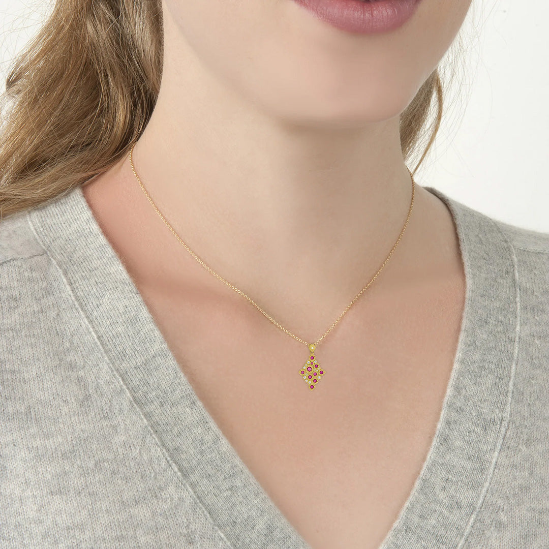 Exquisite Ruby Mosaic Pendant Necklace - 18K Gold Plated Handmade Jewelry for Women | Perfect for Weddings, Anniversaries & Special Occasions
