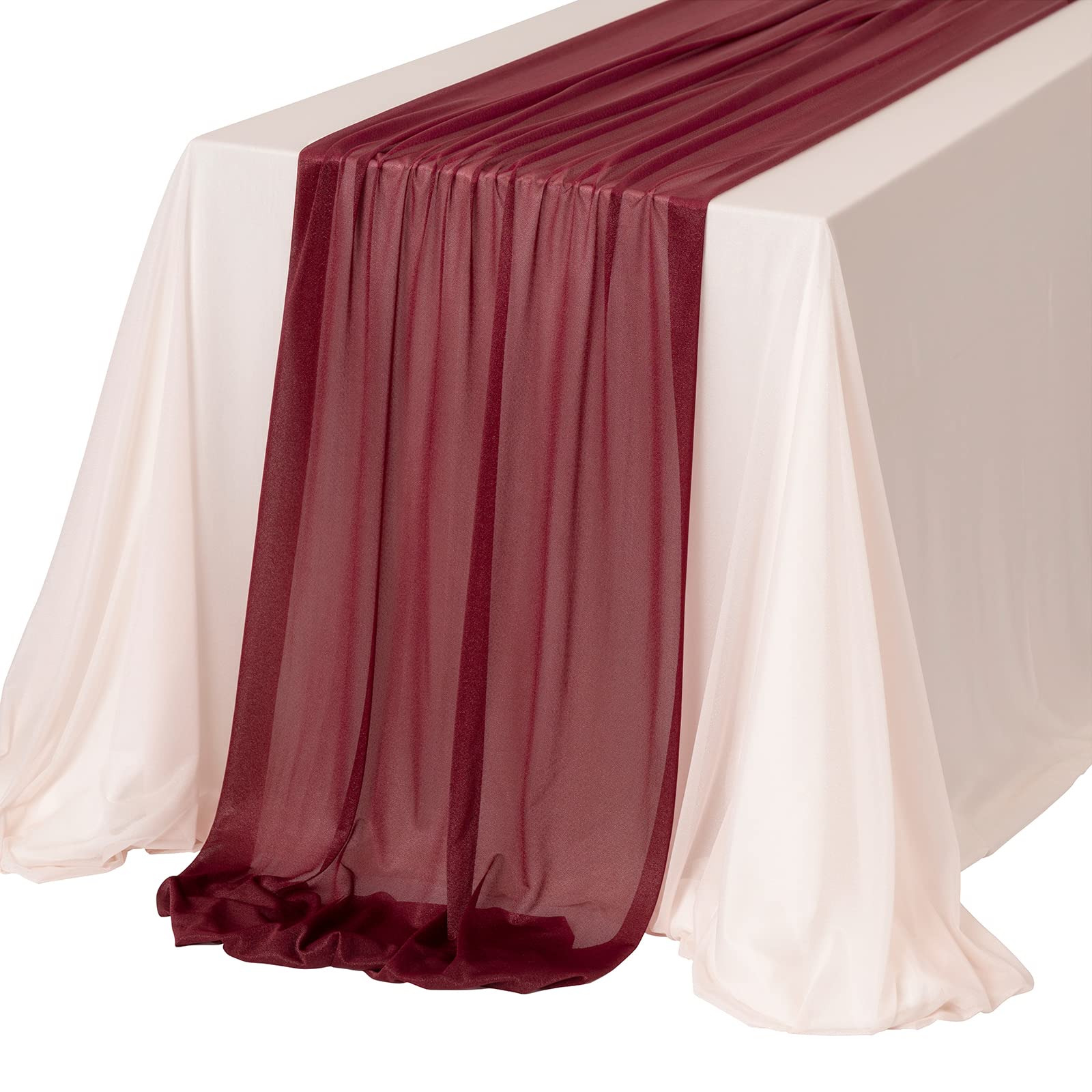 Ling's Moment Sheer Chiffon Blush Tablecloth & Burgundy Table Runner Set - 4ft Rectangle Wedding Table Decor for Head Table, Sweetheart Table, Bridal Shower & Party Decorations | Elegant Dining & Event Table Setting