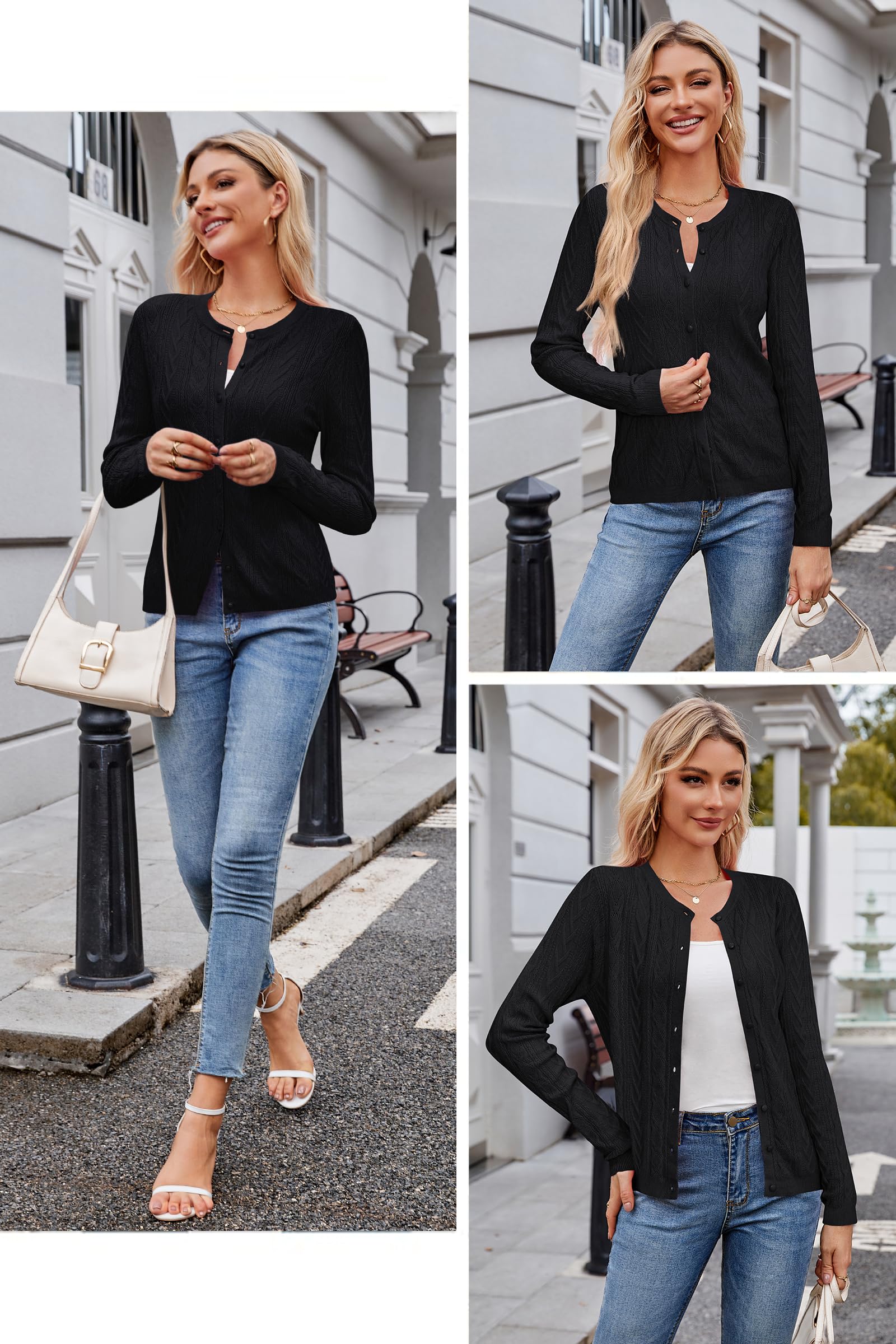 Arach&Cloz Women's 2025 Lightweight Cable Knit Cardigan - Long Sleeve Button Down Casual Sweater with Crew Neck - Soft Spring Top for Office, Dating & Everyday Wear