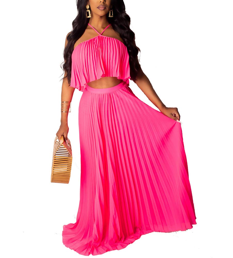 IyMoo Women's Two Piece Maxi Dress Set - Sexy Summer Chiffon Crop Top & Pleated Skirt Outfit - Beachwear, Vacation, Party, Date Night Dresses