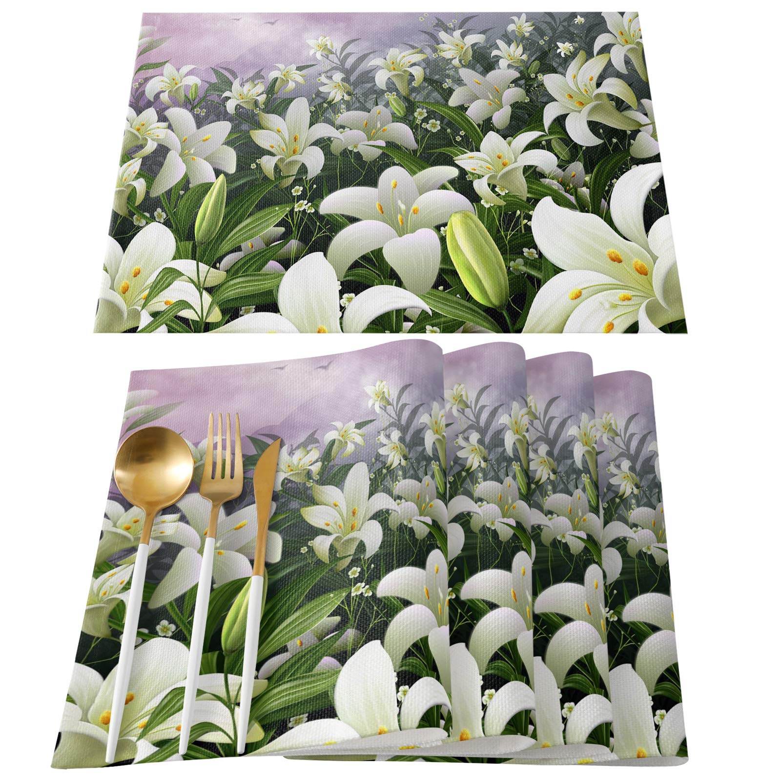 4-Pack White Magnolia Blossom Placemats - Non-Slip Heat Resistant Table Mats for Kitchen Dining, Perfect for Holiday Parties, Weddings & Home Decor