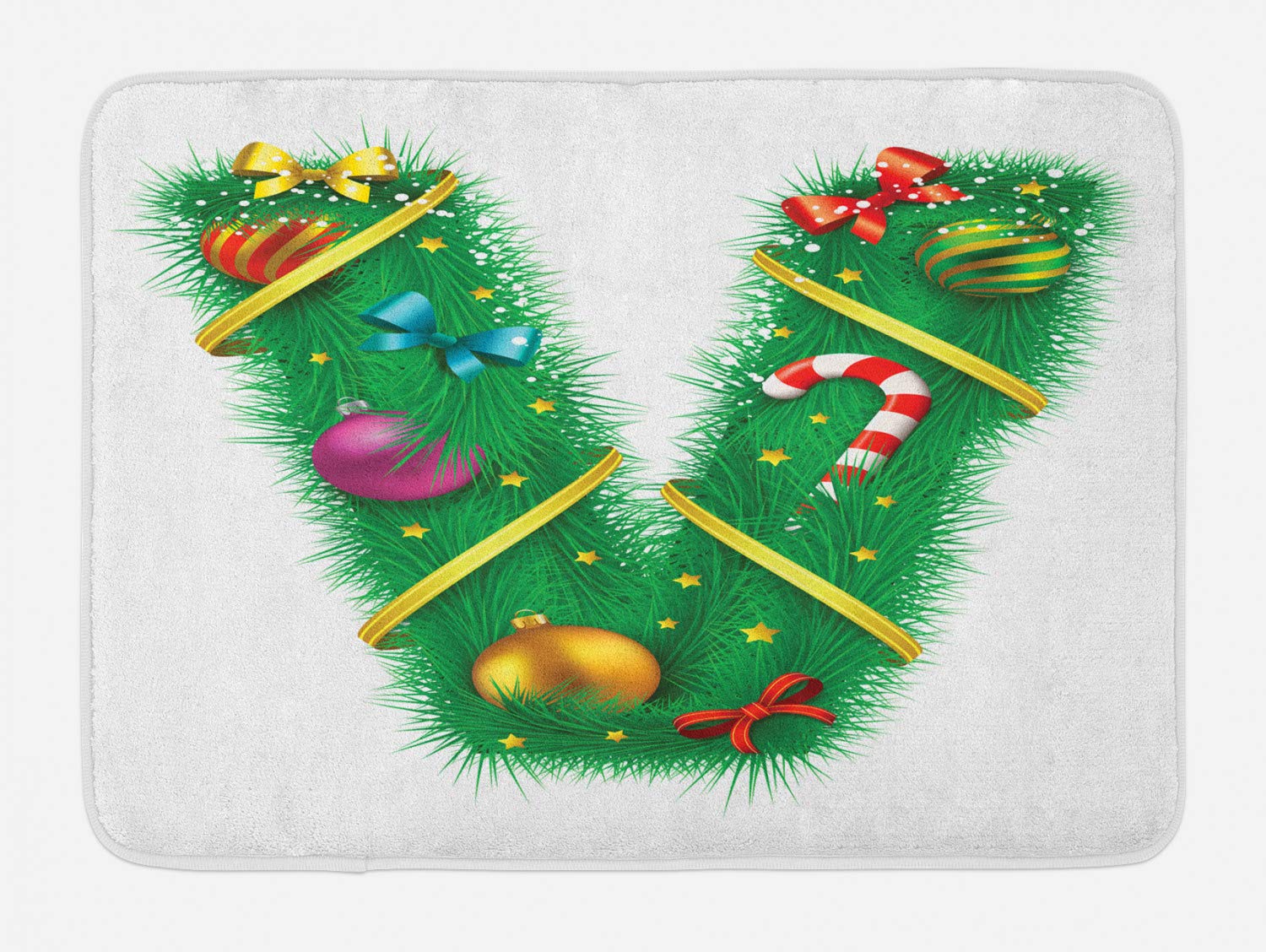 Ambesonne Christmas Alphabet Bath Mat - Non-Slip Plush Bathroom Rug with Letter V & Stars Candy Stick Design, 30.2 x 20 Inches, White & Green - Perfect Holiday Decor for Bathroom, Kitchen, or Festive Home Entryway