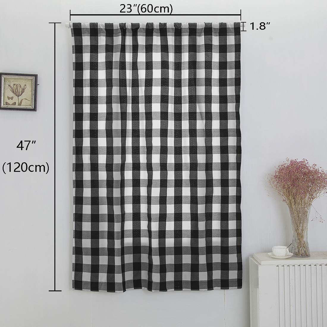 Buffalo Check Plaid Balloon Drape Gingham Window Valance - Black Semi Blackout Curtain Panel for Farmhouse Kitchen (47