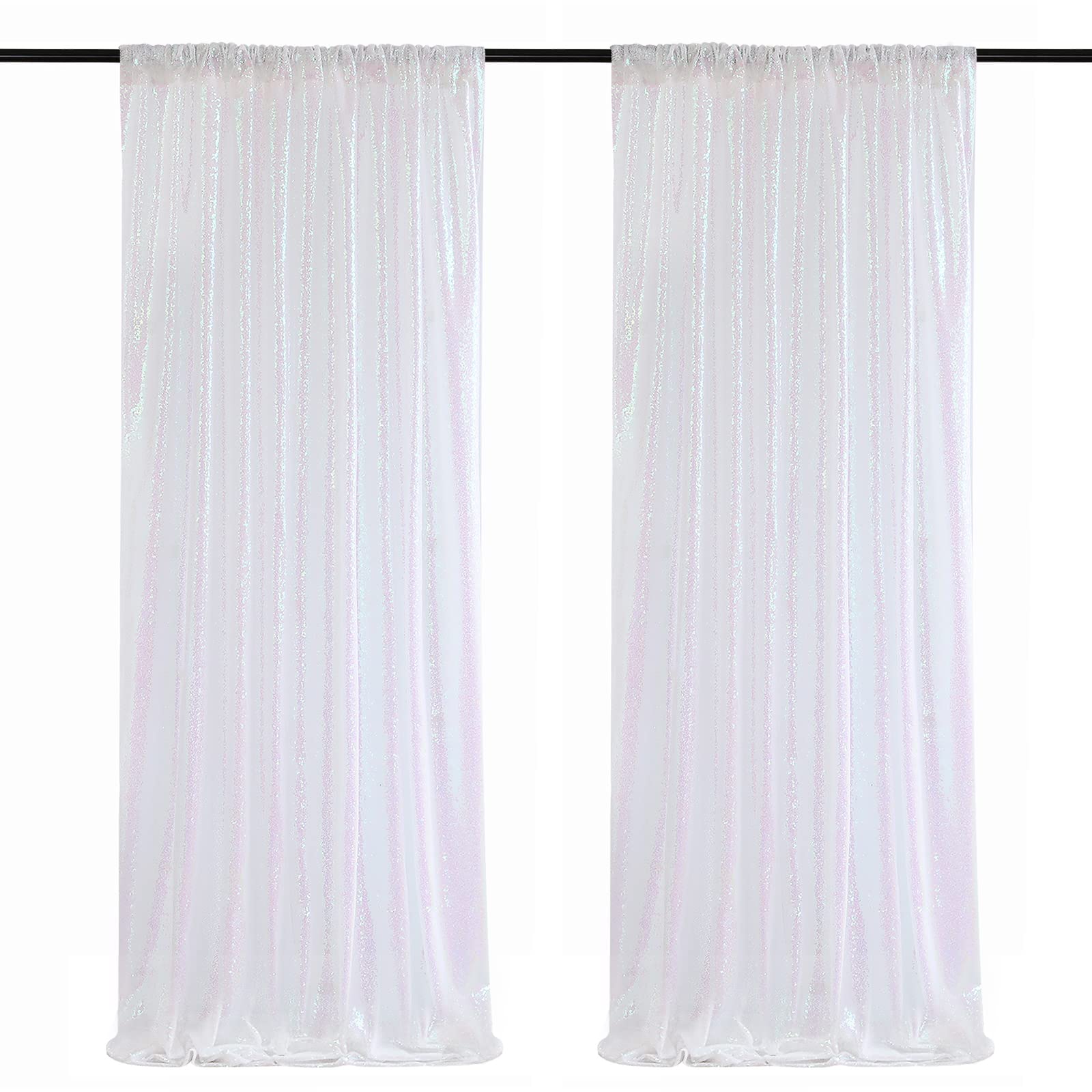 2 Pack White Iridescent Sequin Curtains - 2FT x 8FT Glitter Fabric Backdrop for Christmas, Birthday, Wedding Party Decorations | Perfect for Stage Background, Photo Booth, Home & Event Decor