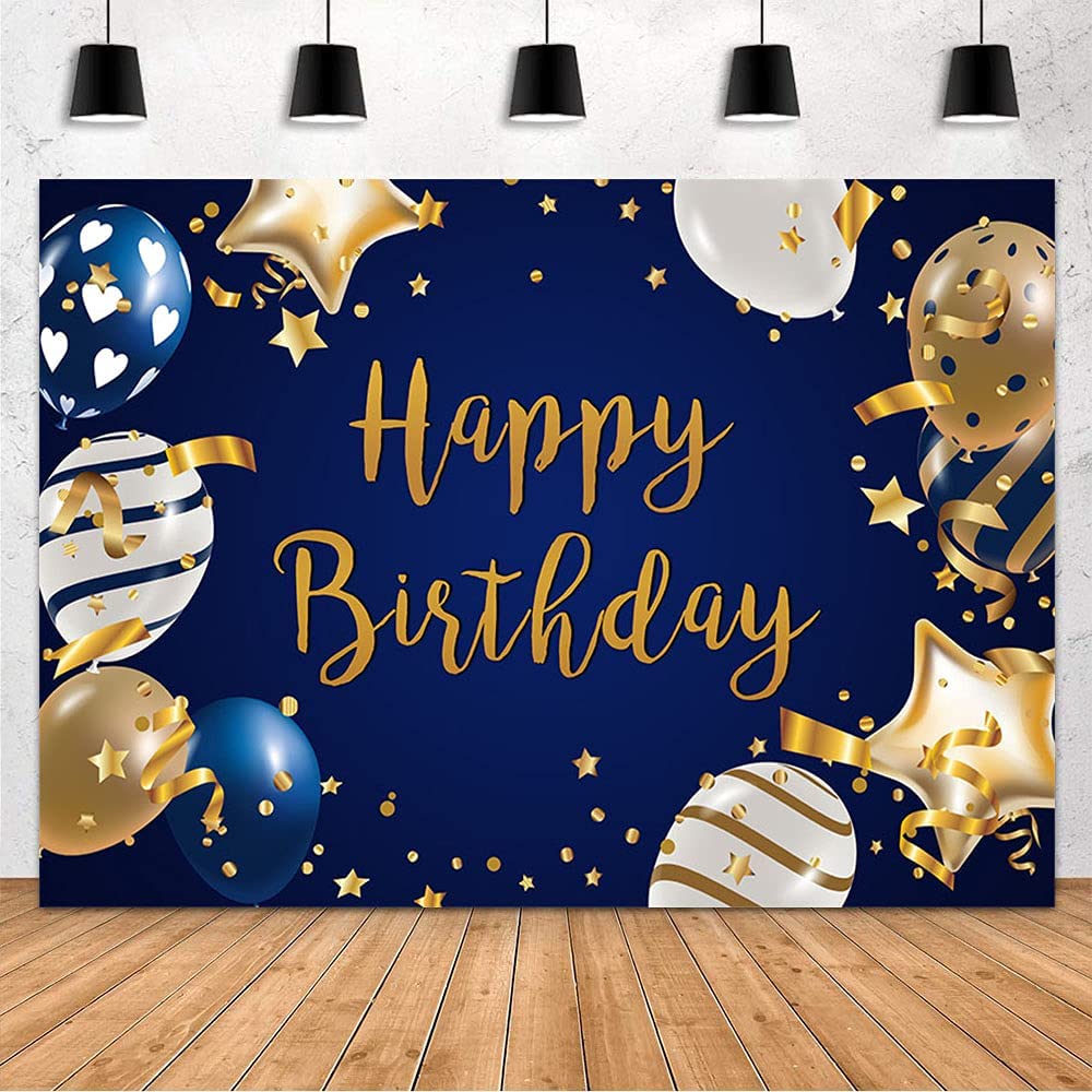 MEHOFOND Navy Blue & Gold Happy Birthday Banner Backdrop - 7x5ft Vinyl Photography Background for Men's Birthday Party Decor, Cake Table, Studio & Photo Booth Props | Perfect for Indoor & Outdoor Celebrations