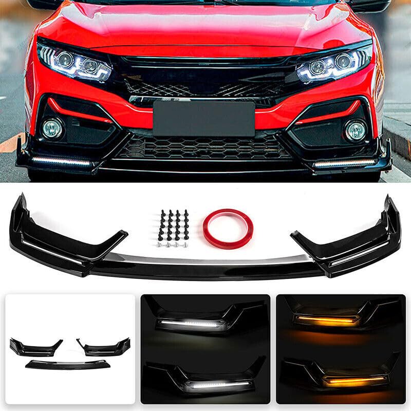 Glossy Black Front Bumper Lip with LED Daytime Running Lights - Compatible with 2016-2021 Honda Civic Hatchback & Si | Air Dam Spoiler Splitter for Enhanced Style & Visibility | Perfect for Street Racing & Car Customization