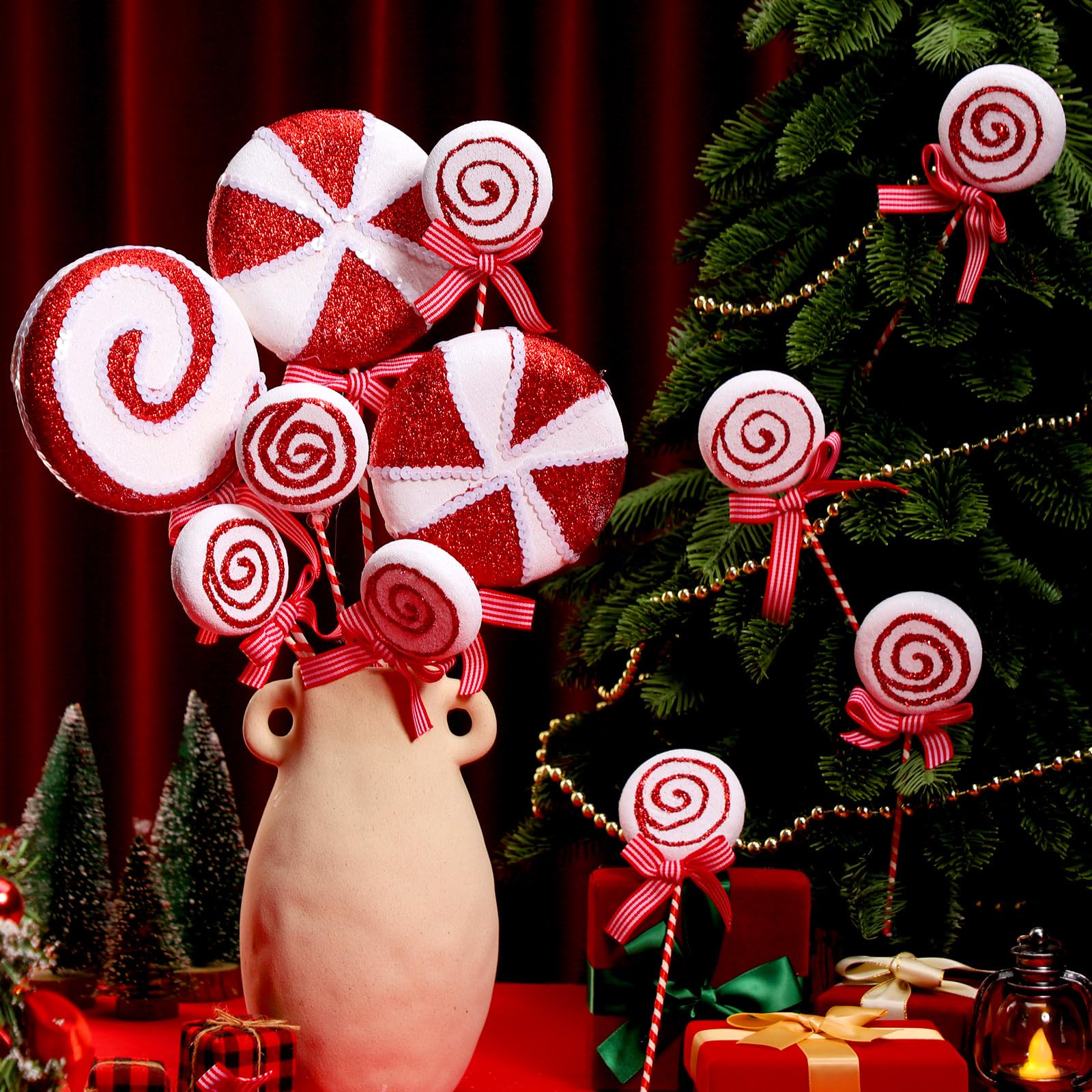 12-Piece Christmas Tree Picks - Striped Candy Lollipop Decorations for Xmas Tree, Holiday Party & Home Crafts (Red) - Perfect for Tree Toppers, Gift Wrapping & Festive Centerpieces