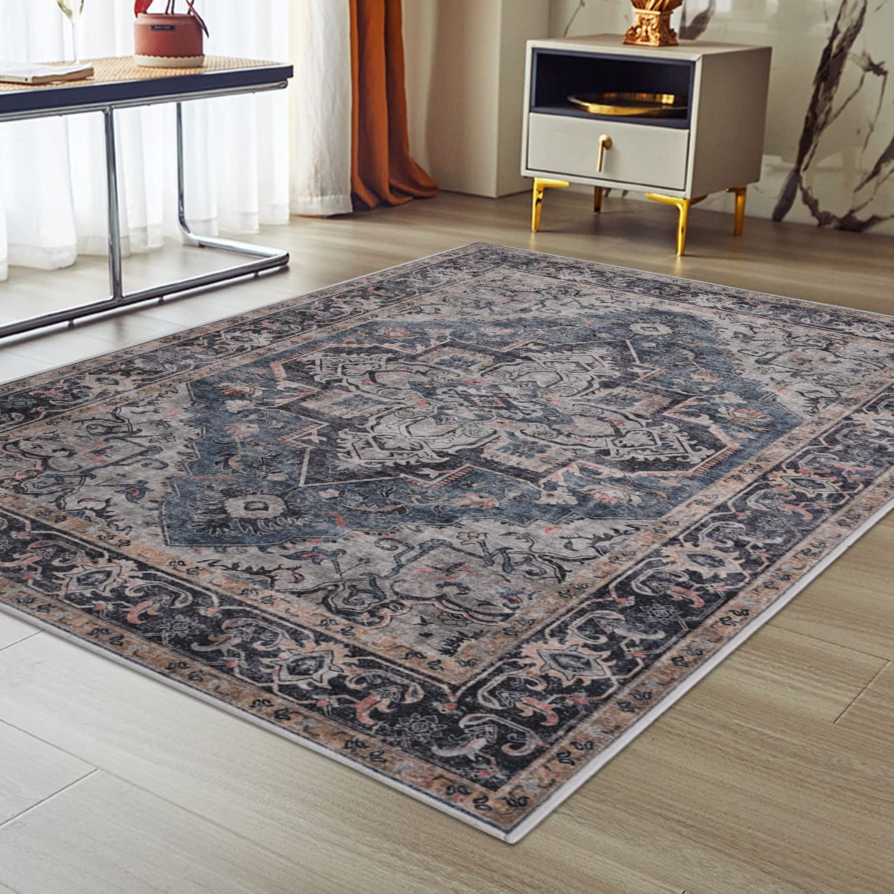 Vintage Bohemian Non-Slip Area Rug - Traditional Oriental Distressed Floral Medallion Accent Carpet - 4'x6' Brown Throw Rug for Entryway, Bedroom, Bathroom & Kitchen Decor - Perfect for Boho Home, Apartment & Dorm Room Styling
