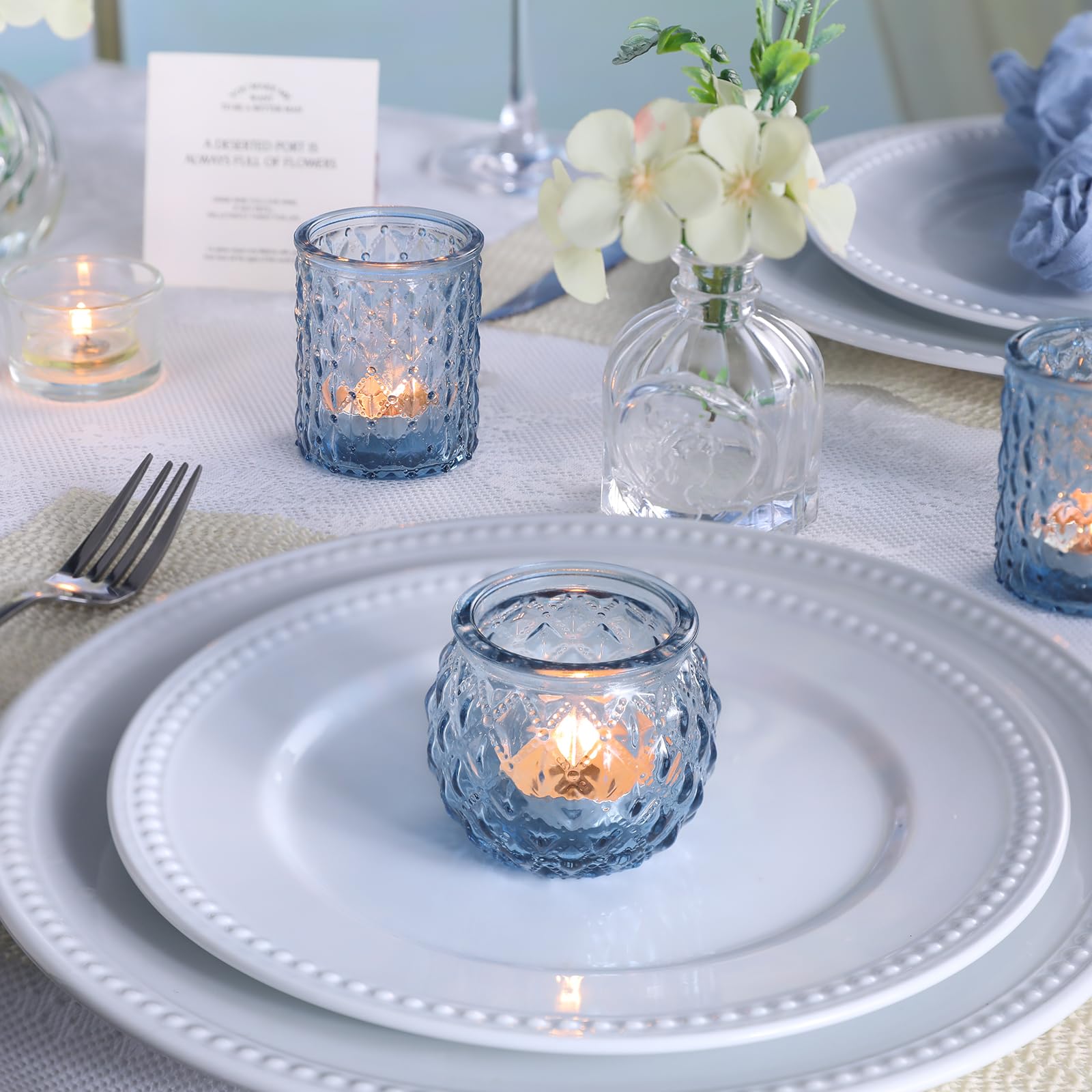 36-Piece Blue Glass Votive Candle Holders Set - Round Tea Light Holders Bulk for Wedding, Party & Home Decor - Perfect for Centerpieces, Table Settings, Romantic Ambiance & Gift Giving