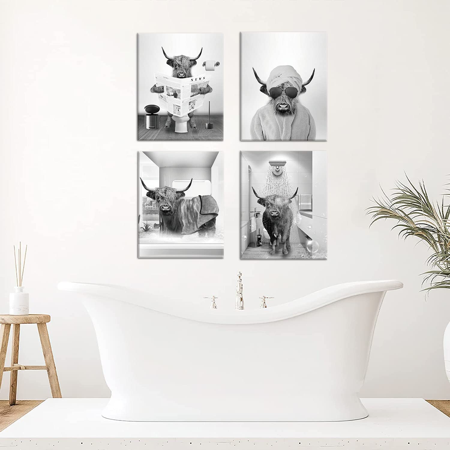 Funny Cow Wall Art Set - 4 Framed Bathroom Pictures (12x16in) for Farmhouse & Kids Decor