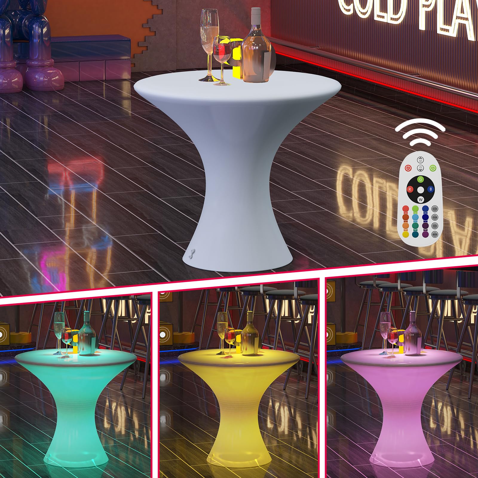 MUZZ 16-Color LED Cocktail Table with Remote - Waterproof Rechargeable Light Up Pub Table for Home Bar, Nightclub & Outdoor Parties | Perfect for Patio, Lounge & Entertainment Spaces (Hourglass Design)