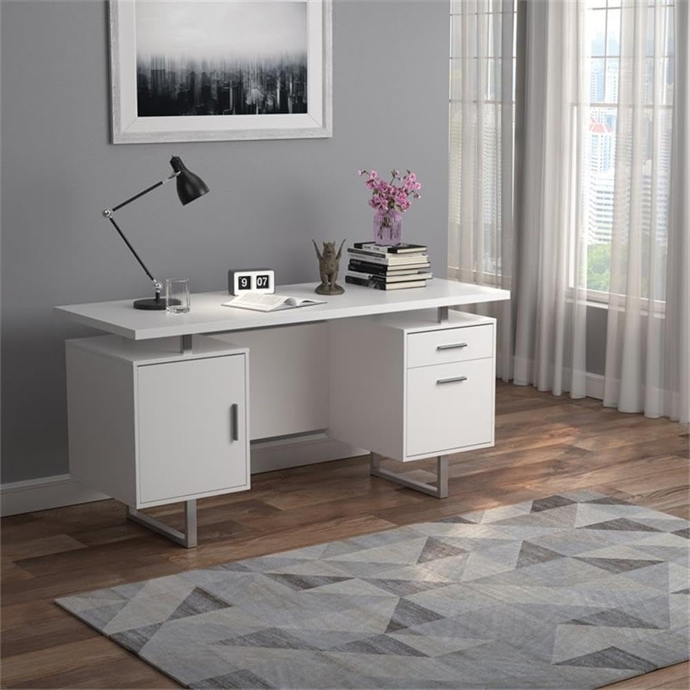 BOWERY HILL Modern Floating White Gloss Office Desk - Space Saving Wall Mounted Workstation for Home Office, Small Spaces & Modern Interiors