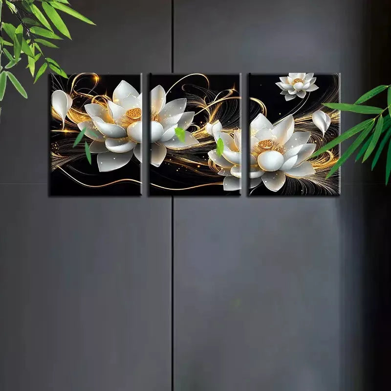 3-Piece Lotus Floral Design with Golden Accents Framed Canvas Art Set - 50x70cm High Quality Print - 100% Australian Made - Ready to Hang Wall Decor for Living Room, Bedroom & Office