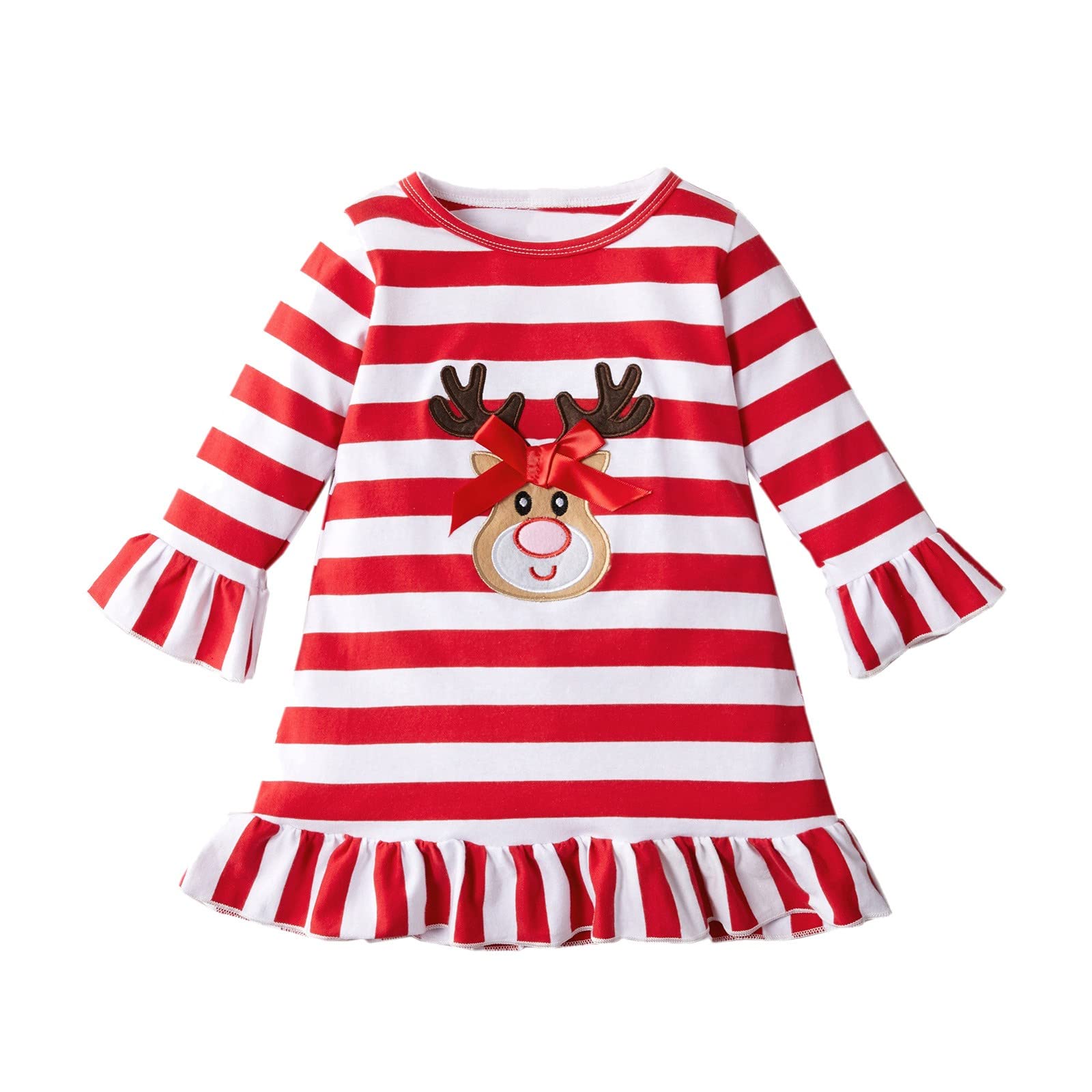 Baby Girls Long Sleeve Striped Christmas Deer Dress - Toddler Princess Party Outfit Size 7 | Holiday Photoshoot, Family Gathering & Special Occasion Wear