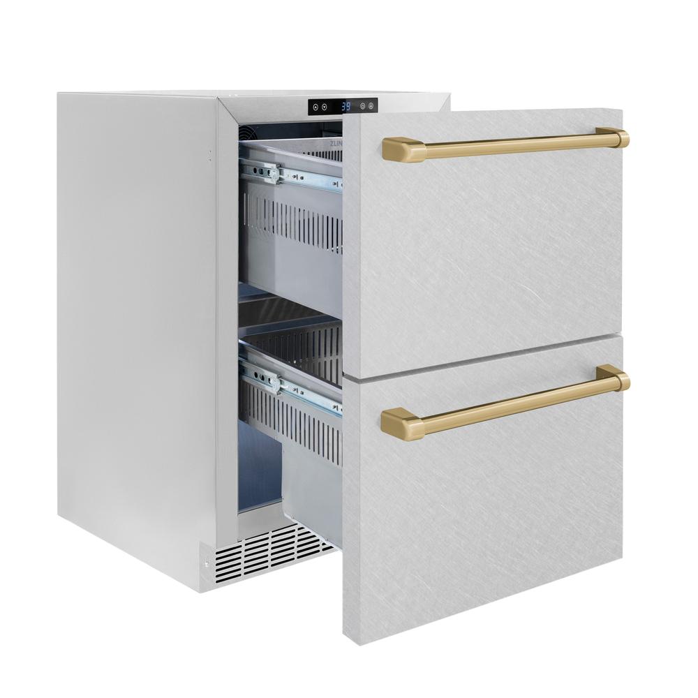 ZLINE Autograph Edition 24-inch Outdoor Rated Dual Refrigerator Drawer with Satin Stainless Steel Doors & Champagne Bronze Handles - 168 Can Capacity (RDSOZ SN 24 CB) | Perfect for Outdoor Kitchens, Patio Bars & Entertaining Spaces