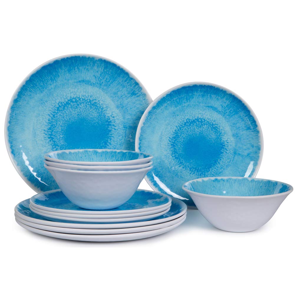 12-Piece Melamine Dinnerware Set for 4 - Durable Blue Plates & Bowls for Indoor/Outdoor Dining - Dishwasher Safe - Perfect for Picnics, Camping & Everyday Use