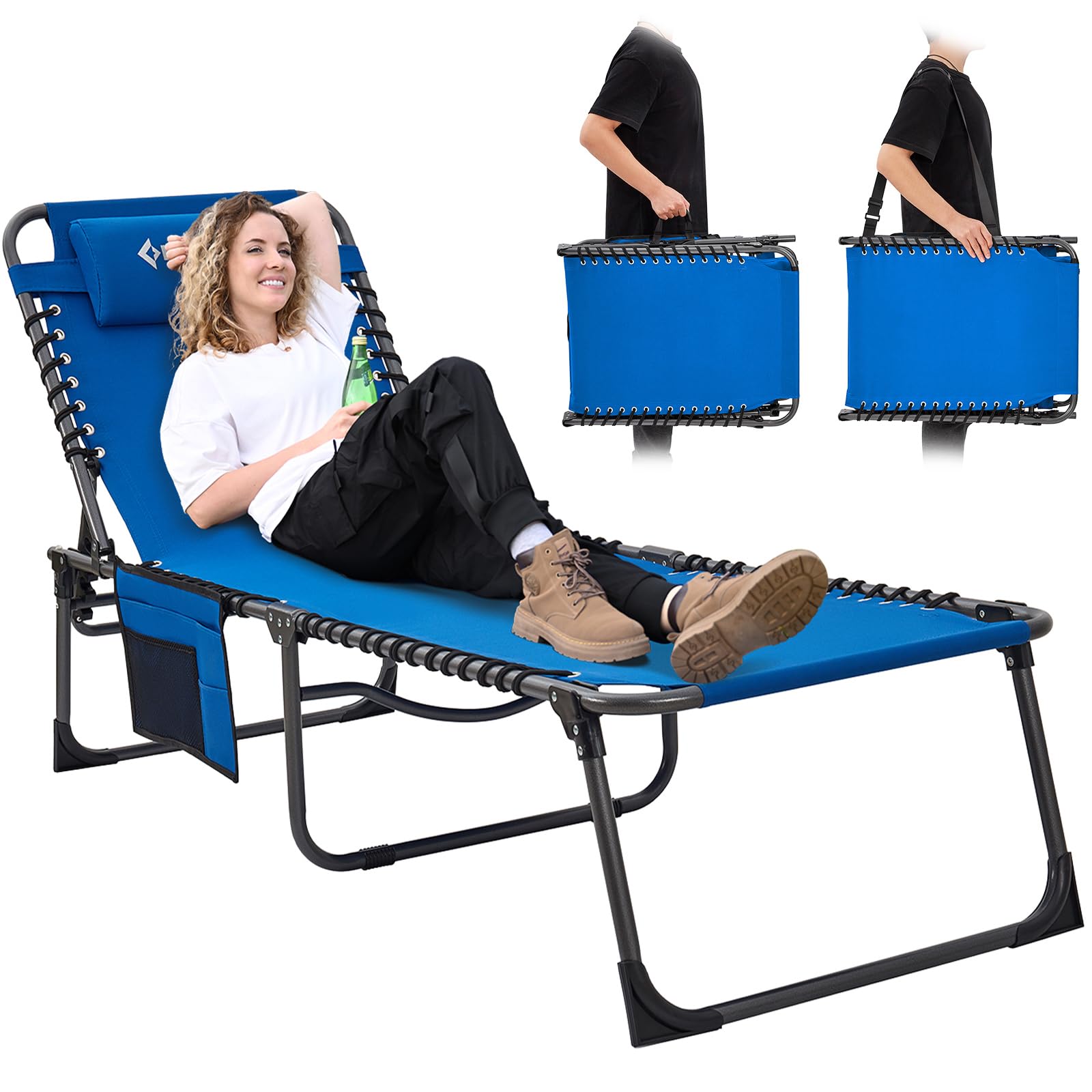 KingCamp Folding Adjustable Patio Chaise Lounge Chair - Heavy Duty Portable Outdoor Recliner for Pool, Beach, Sunbathing, Deck & Lawn - Lay Flat Foldable Camping Cot with Pillow - Perfect for Relaxing, Travel & Backyard Lounging