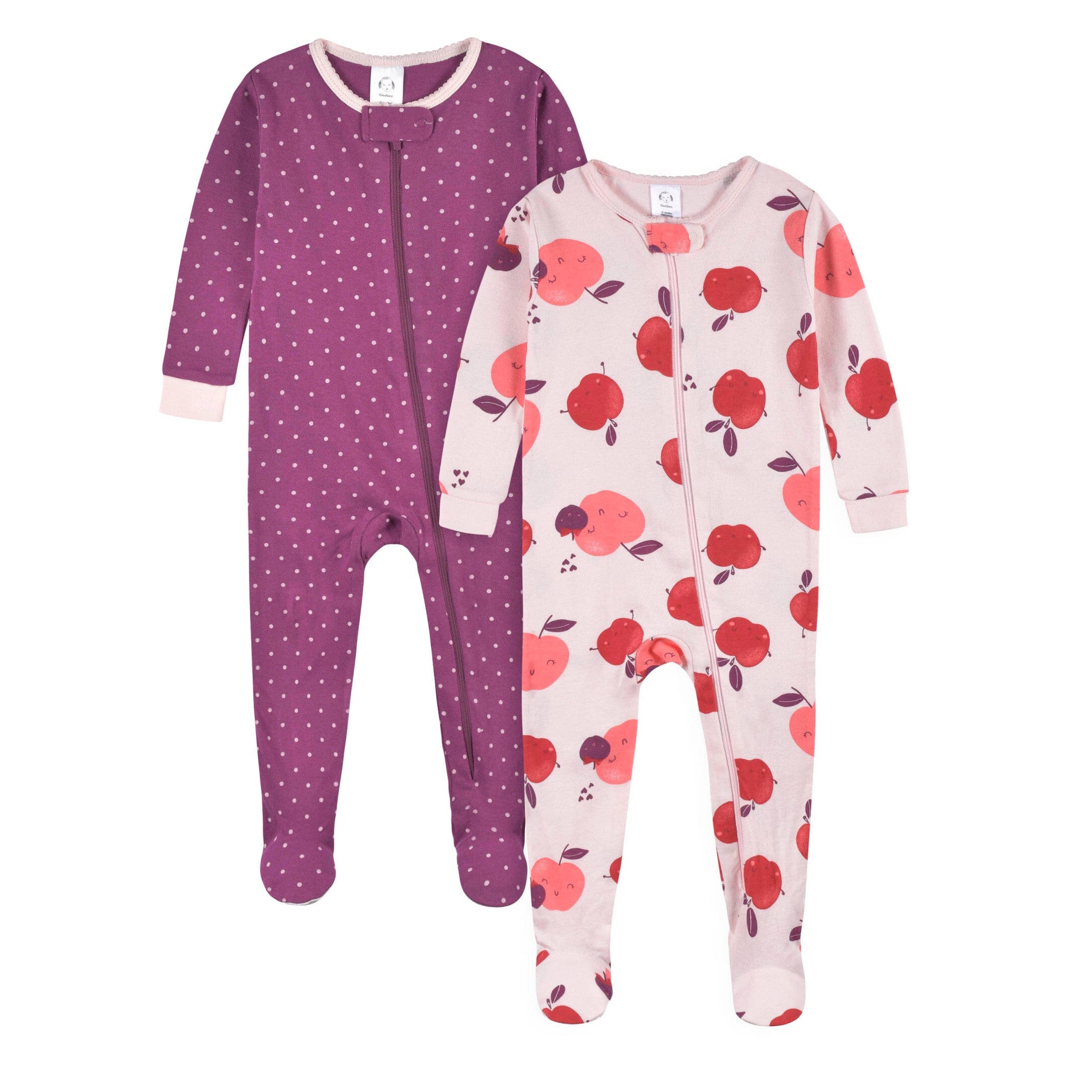 2 Pack Baby & Toddler Girls' Apple Bouquets Snug Fit Footed Cotton Pajamas - Soft & Comfortable Sleepwear for Playtime & Bedtime
