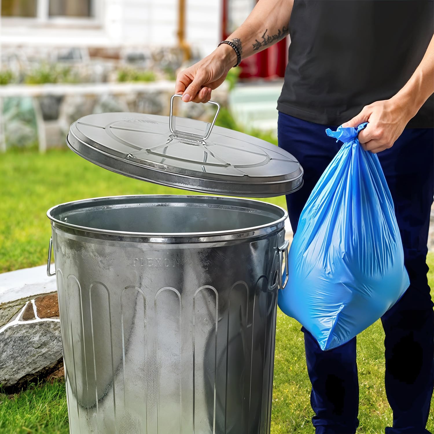Plexon 20 Gallon Outdoor Metal Trash Can with Lid - Durable Galvanized Steel Garbage Bin for Patio, Yard & Garden Waste Disposal