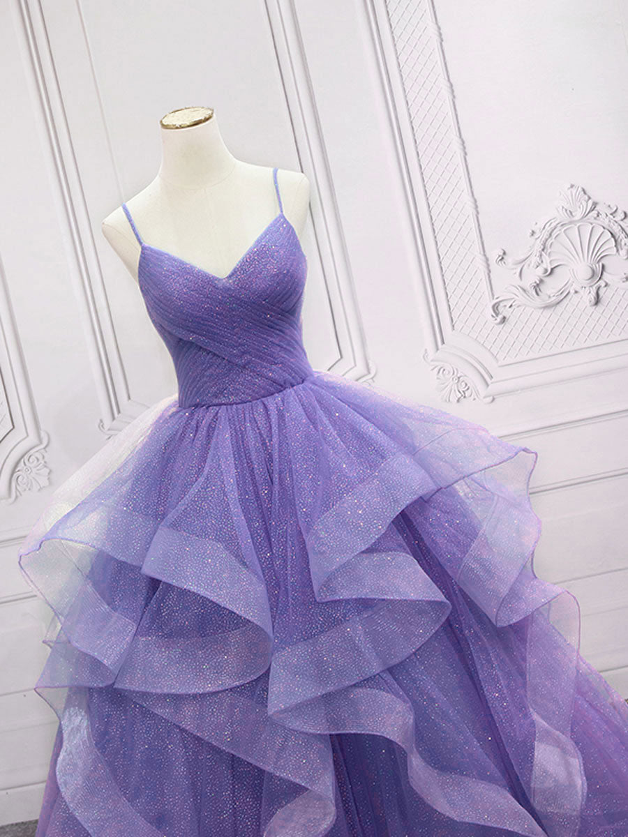 Elegant Purple V-Neck Tulle Long Prom Dress for Sweet 16 Party | Formal Evening Gown for Homecoming, Quinceañera & Special Occasions