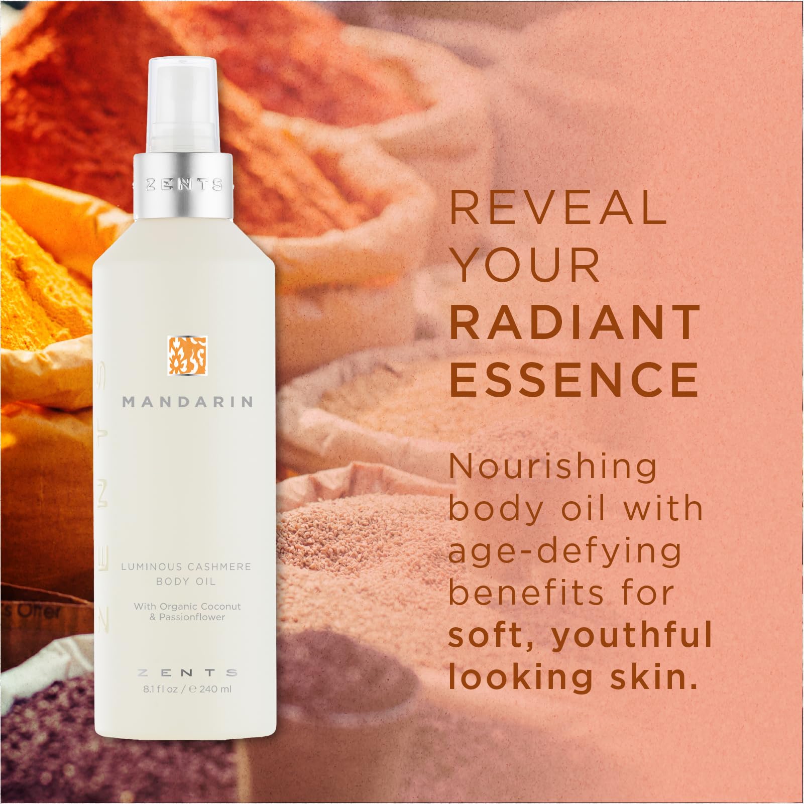 Zents Luminous Cashmere Body Oil - Mandarin Scented Travel Size (1 fl oz) | Vitamin E & Organic Coconut Oil Moisturizer for Soft, Smooth Skin | TSA Approved | Perfect for On-the-Go Hydration & Spa-Like Self Care