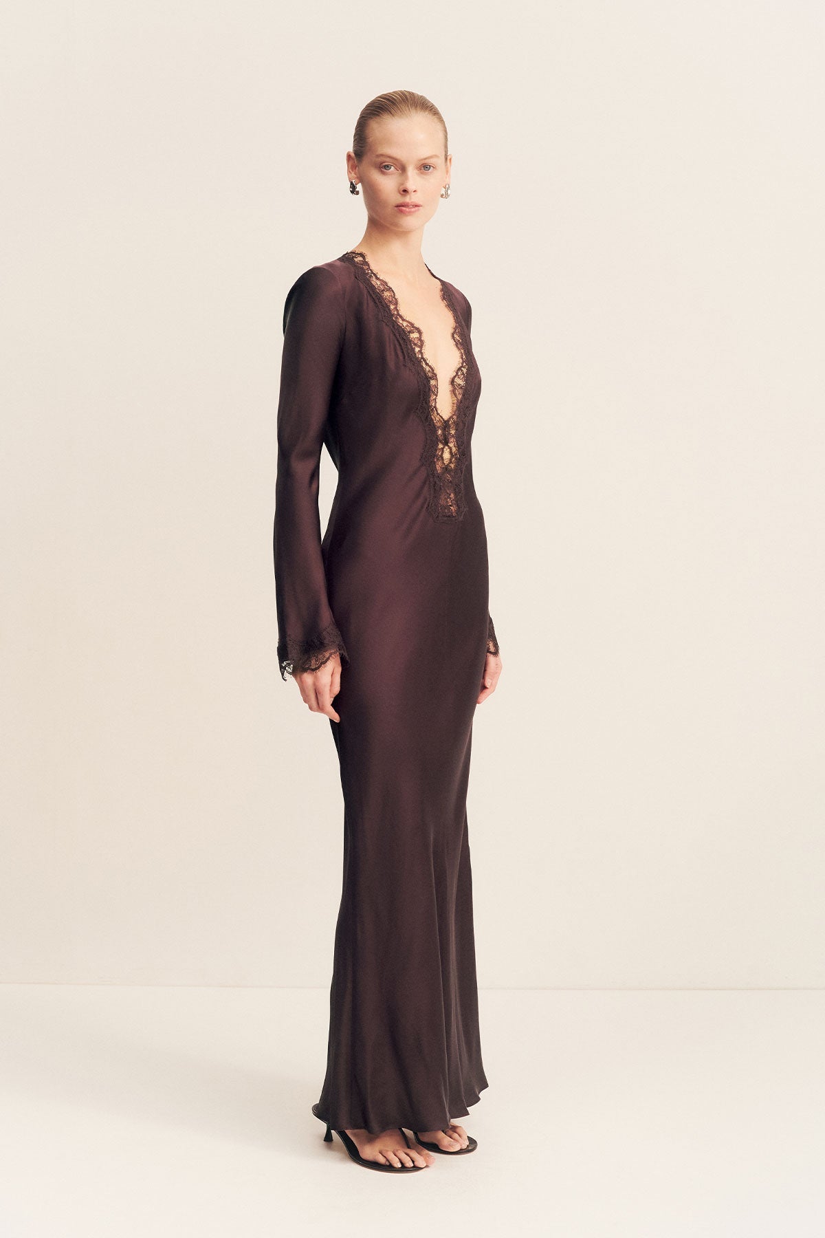 Allegra Lace Plunge Maxi Dress in Espresso - Elegant Evening Gown for Weddings, Parties & Special Occasions