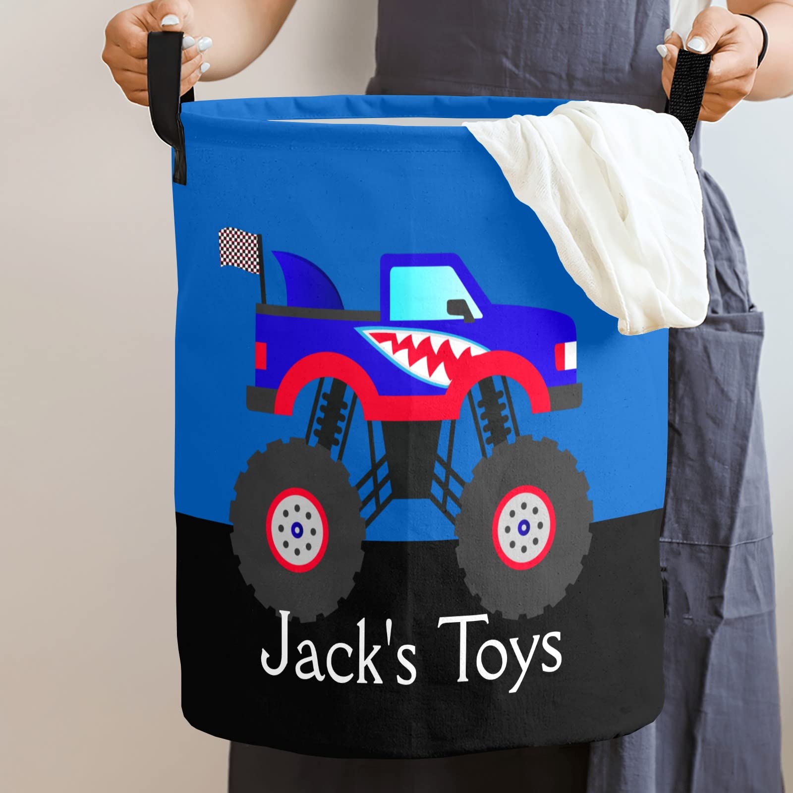 Custom Monster Truck Laundry Hamper - Waterproof Collapsible Drawstring Clothes Basket with Handle for Toys & Storage (50cm x 36cm) - Perfect for Kids' Room, Nursery & Playroom Organization