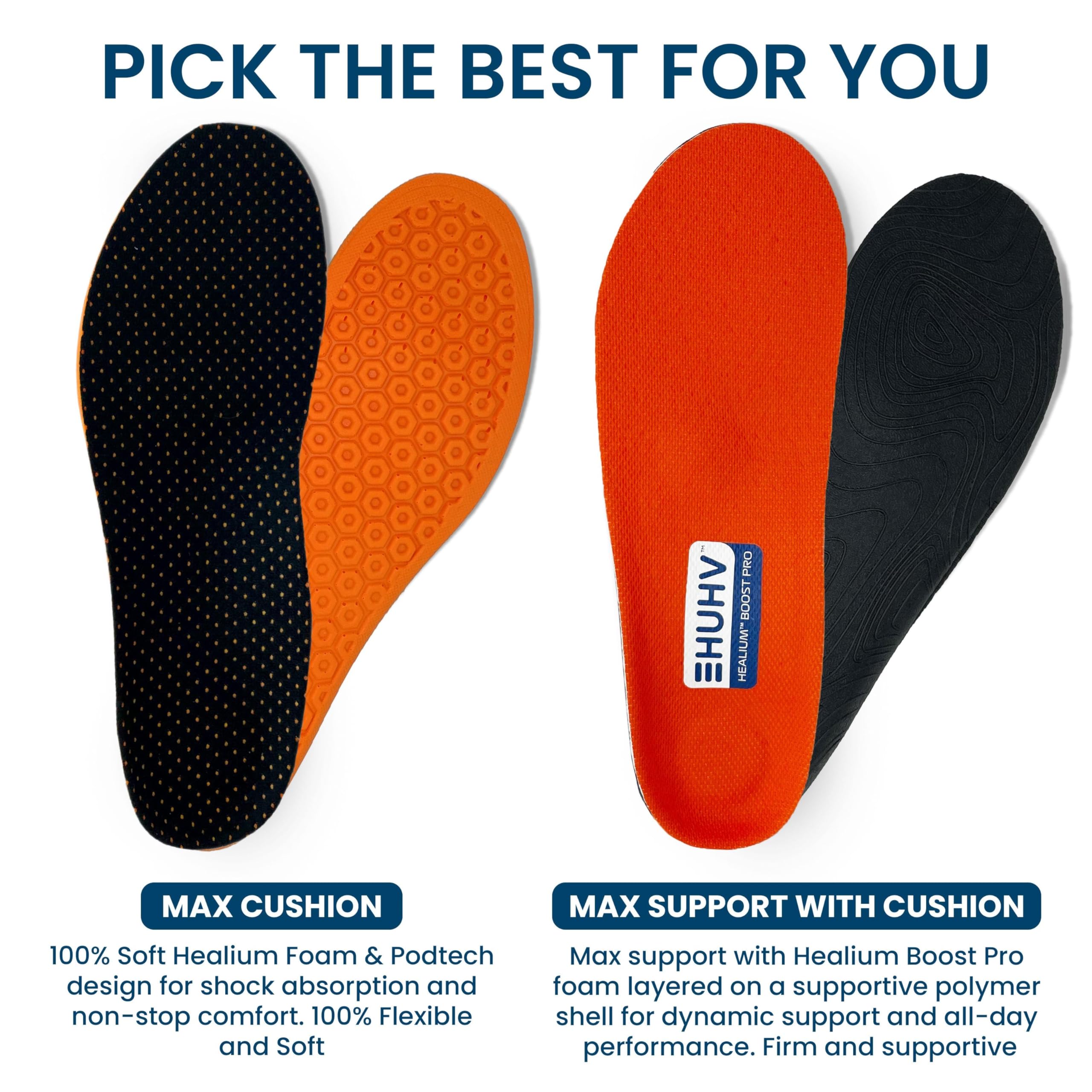 HUHV HEALIUM Boost+ Performance Unisex Insoles - Orange Cushioning for All-Day Comfort (Men's 8 / Women's 10) - Perfect for Running, Walking & Work Shoes