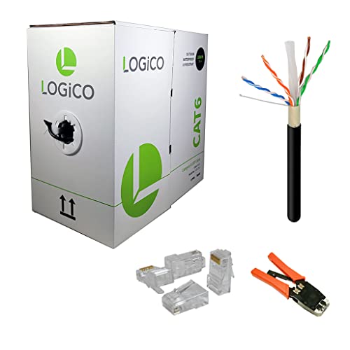 LOGICO Cat6 UTP Outdoor Ethernet Cable 1000FT Black - Waterproof Network Cable with RJ45 Crimp Tool & 100-Piece Cat6 RJ45 Connectors Kit - Perfect for Outdoor Networking, CCTV Installations, and Long-Distance Internet Connections