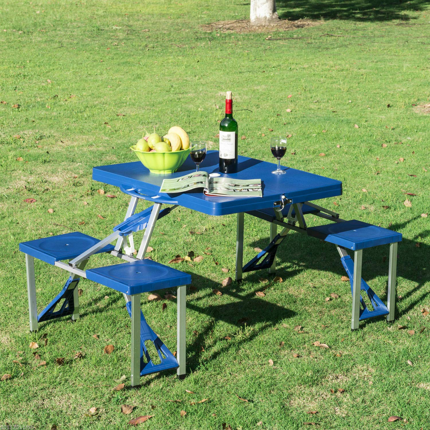 Portable Folding Outdoor Dining Table with 4 Chairs - Compact Aluminum Legs & Durable Plastic Table Top for Garden, Patio, Backyard, BBQ, Picnic & Camping | Heavy Duty Furniture Decor with Carry Case