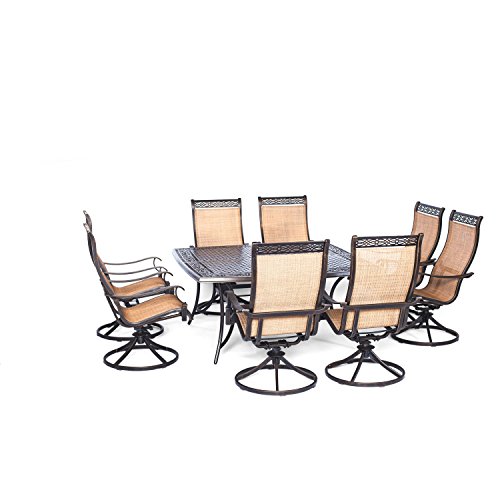 9-Piece Outdoor Dining Set with Large Square Table & 8 Swivel Rocking Chairs - Tan Patio Furniture for Backyard, Garden, Poolside & Outdoor Entertaining