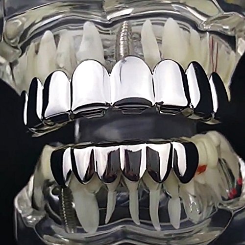 8-Piece Silver Tone Hip Hop Teeth Grill Set - 6 Lower & 2 Upper Grills for Men & Women | Perfect for Rap Performances, Music Videos, and Streetwear Fashion