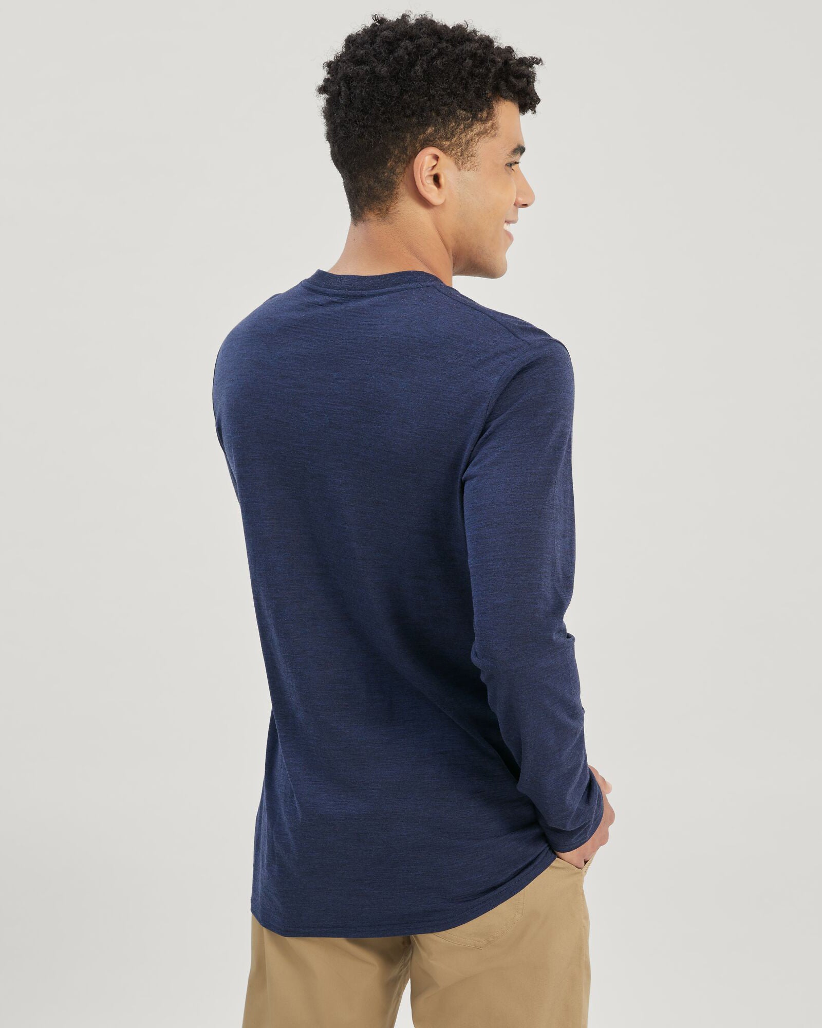 100% Merino Wool Men's Long Sleeve V-Neck Shirt - Midnight Navy Marle - Perfect for Hiking, Travel & Winter Layering