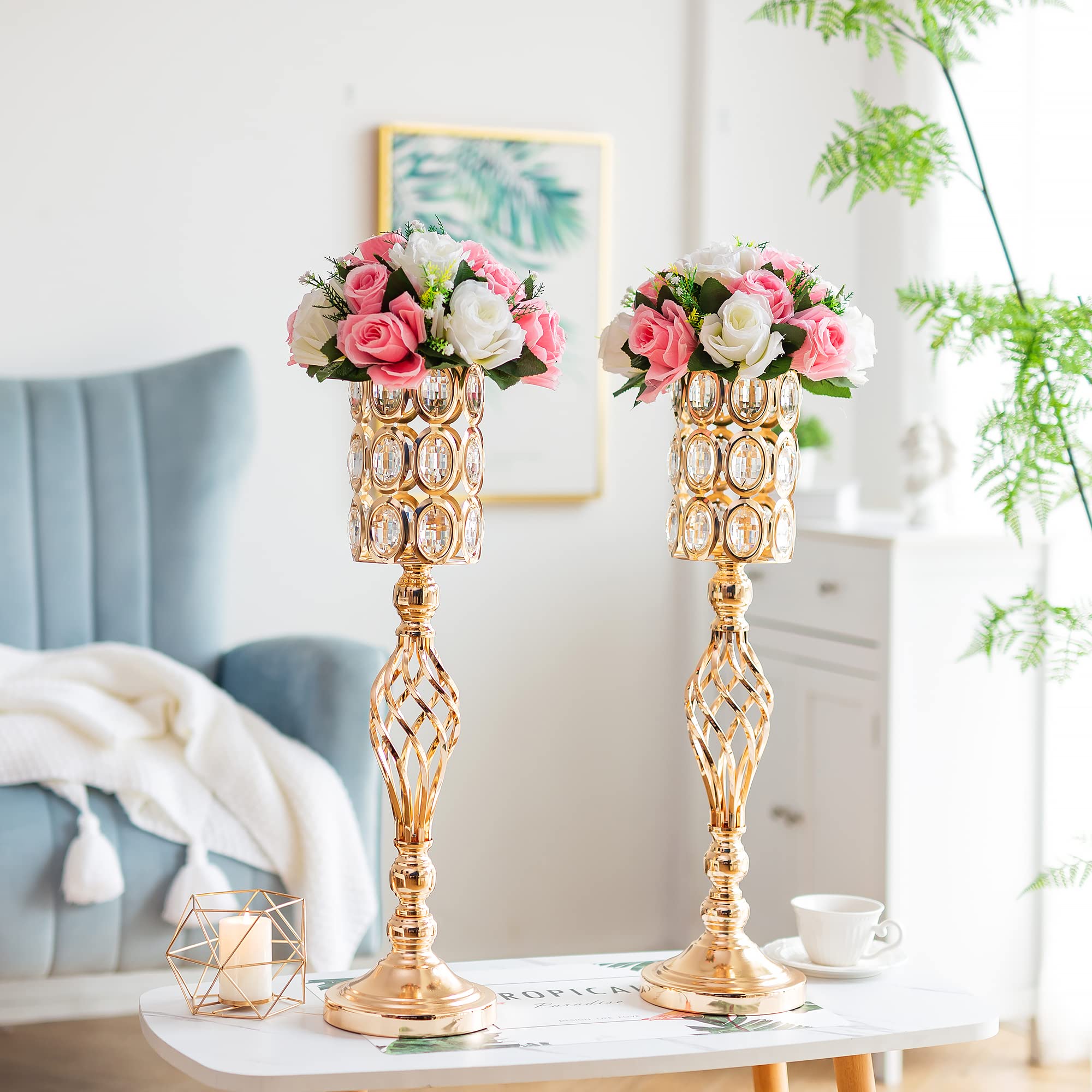 Elegant Gold Tall Vases for Wedding Centerpieces - Set of 2 with Crystal Bling Stones, Metal Flower Stand for Birthday, Anniversary, Party Decor - Perfect for Table Decorations, Home Decor & Special Events