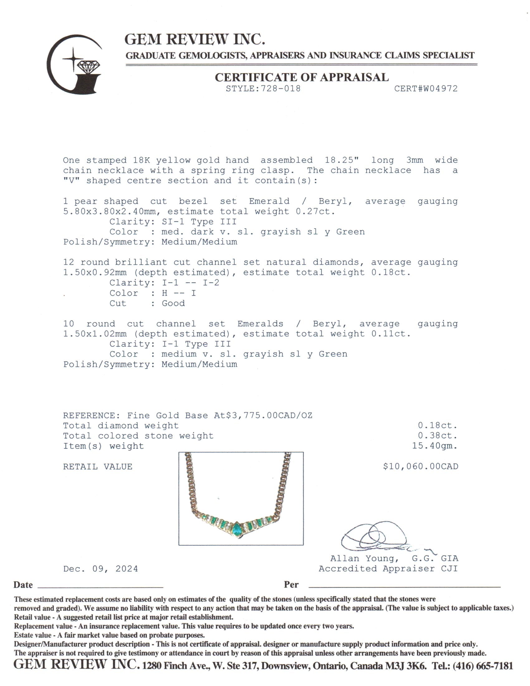 18K Yellow Gold Emerald and Diamond Necklace - 0.38ctw Emerald & 0.18ctw Diamond - 18.25 Inches - Elegant Jewelry Gift for Women, Perfect for Weddings, Anniversaries and Special Occasions