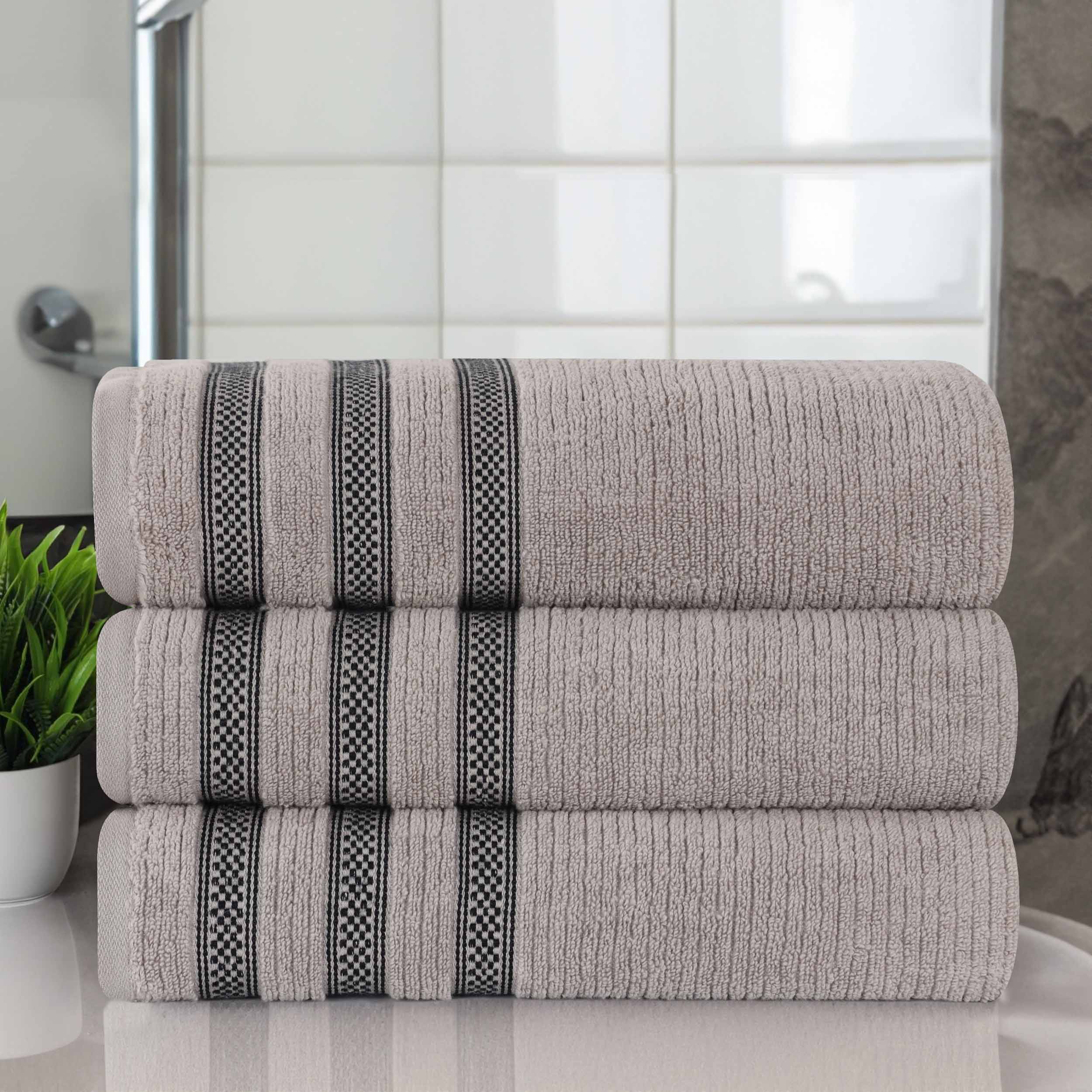 Soft Zero Twist Cotton Ribbed Geometric Border Plush Bath Towel Set of 3 - Ultra Absorbent & Quick Dry for Spa, Beach, and Luxury Bathroom Use