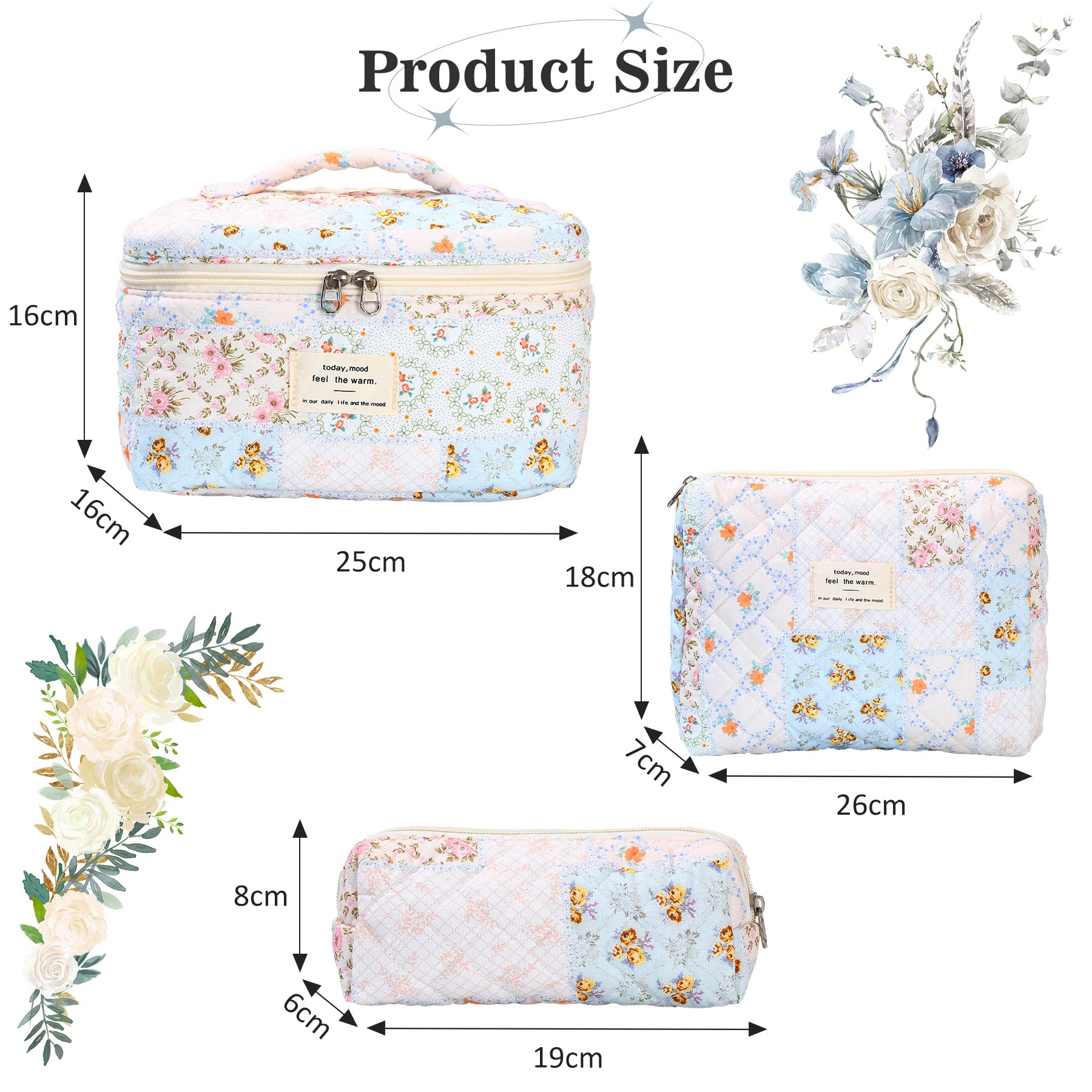 3Pcs Floral Makeup Bag Set - Large Quilted Cotton Cosmetic Organizer for Women | Travel & Daily Use